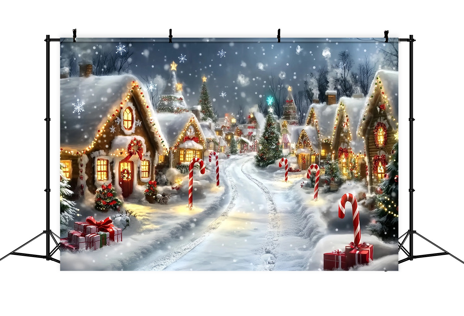 Candyland WeihnachtsFotohintergrund Lebkuchenhäuschen Verschneite Zuckerstangengasse Weihnachtshintergründe Verkauf TWW58-69