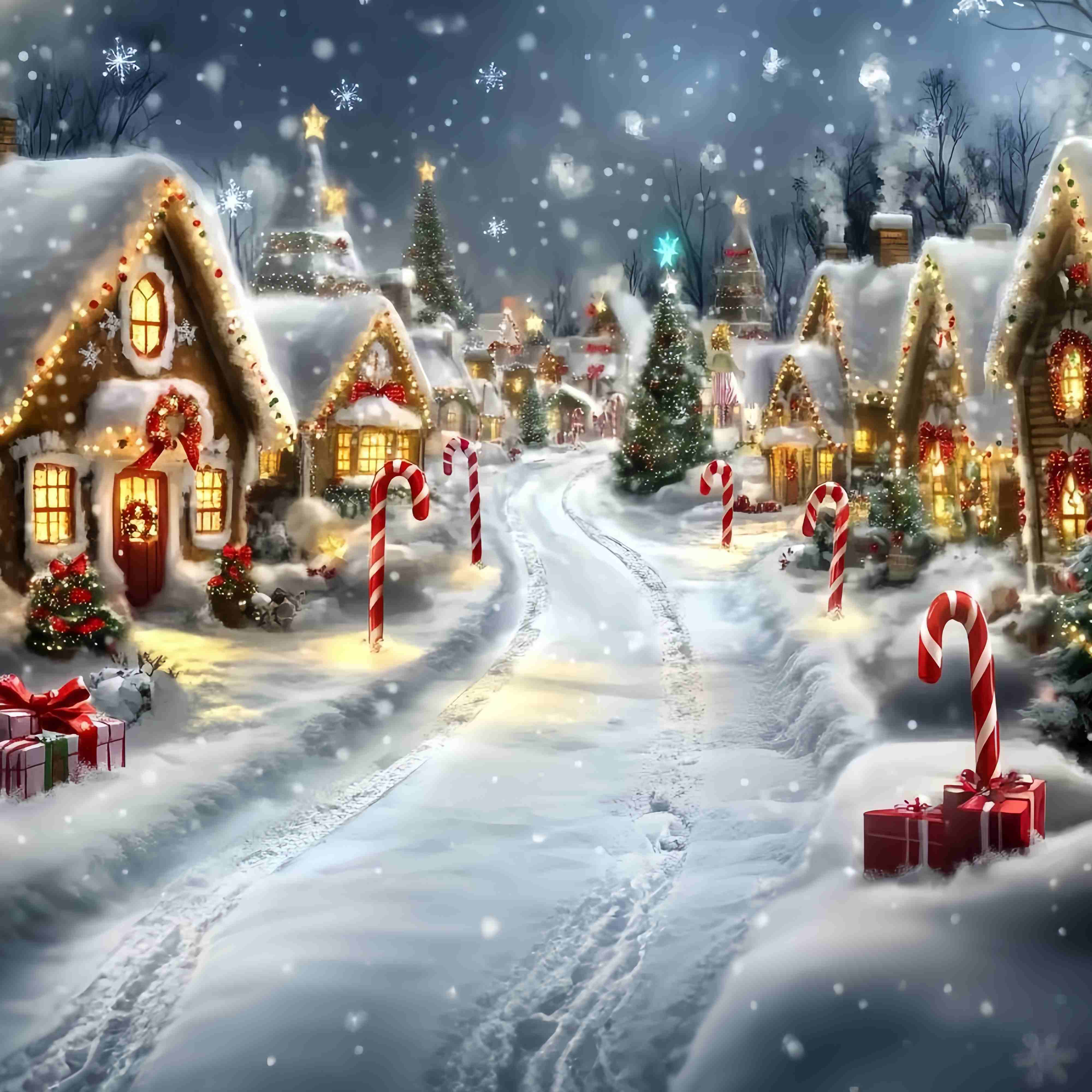 Candyland WeihnachtsFotohintergrund Lebkuchenhäuschen Verschneite Zuckerstangengasse Weihnachtshintergründe Verkauf TWW58-69