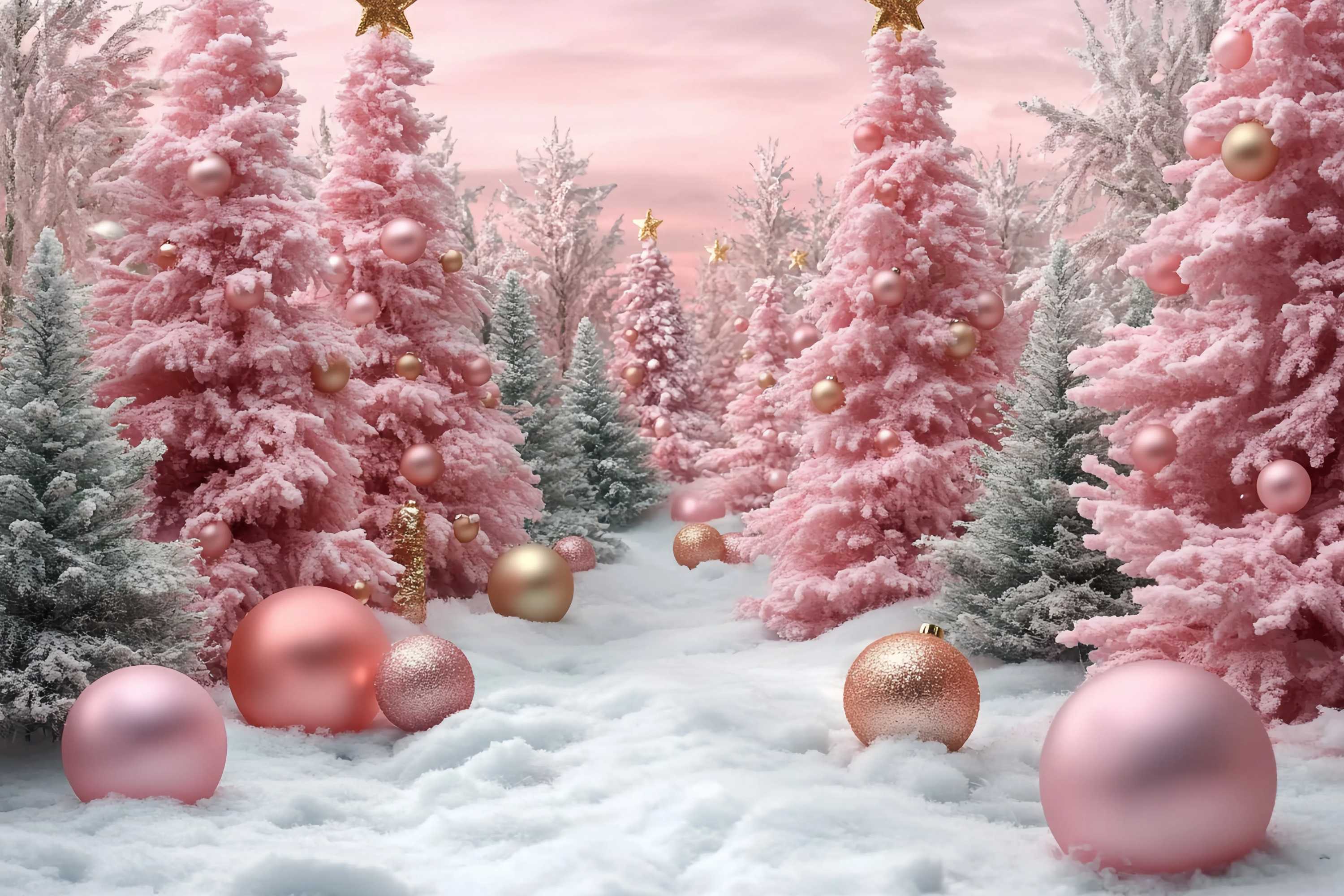 Rosa Weihnachten Backdrop Rosa gefrostet Weihnachtsbäume Schnee Ornamente Weihnachten Fotohintergrund TWW58-71