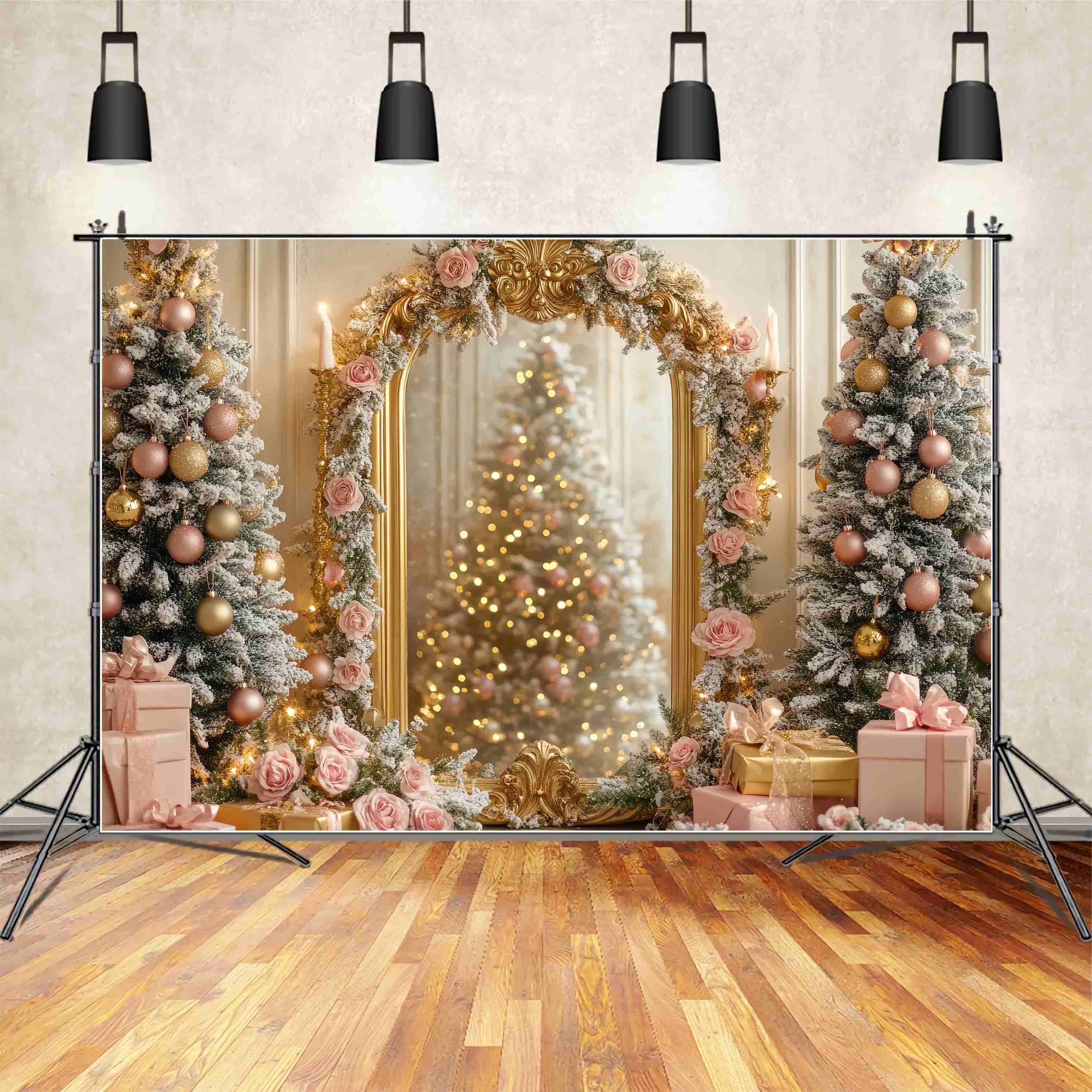 Weihnachtsbaum Backdrop Golden Mirror Rosa Rose Tree Glow Weihnachten Studiohintergrund TWW58-75