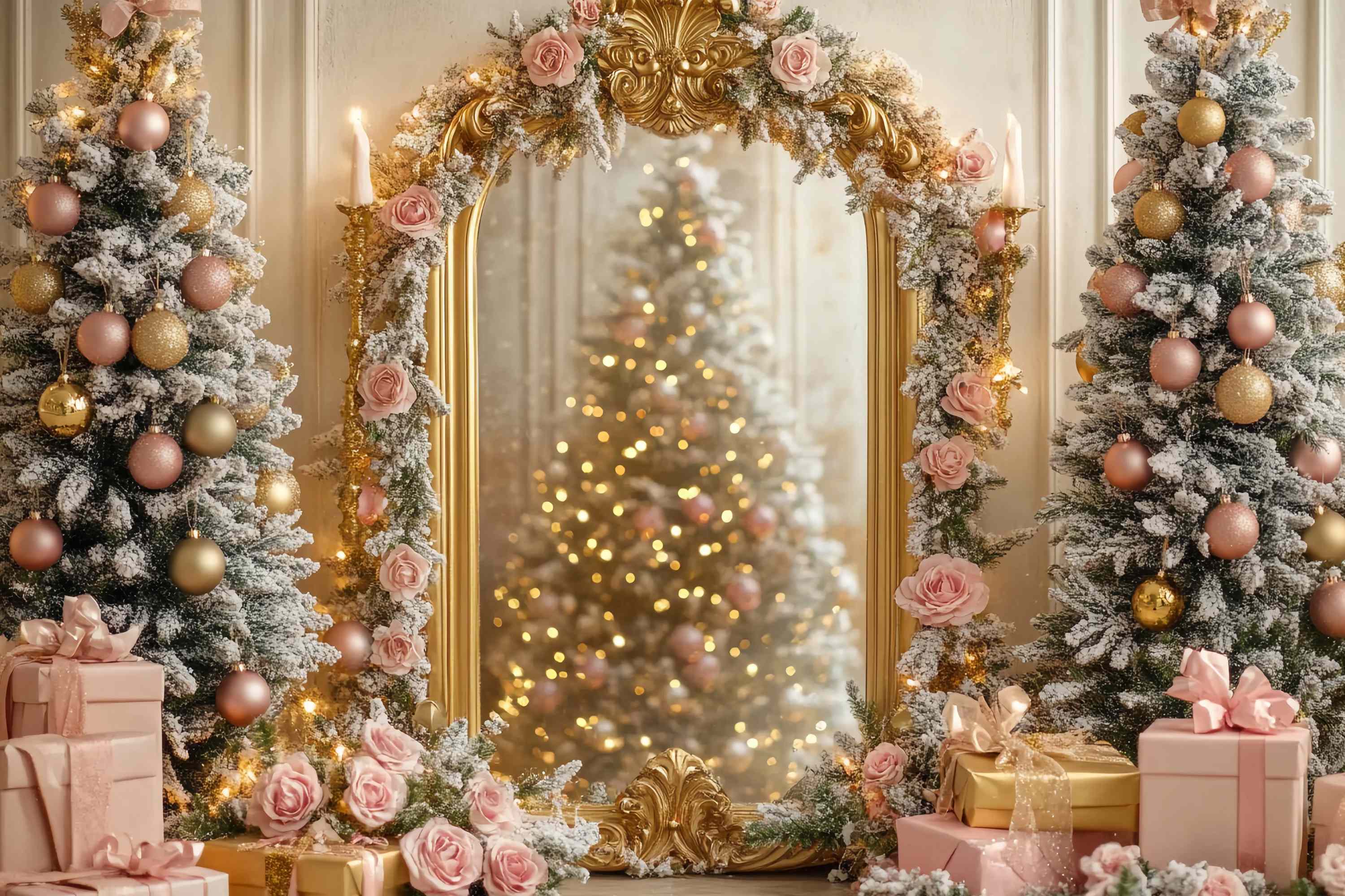 Weihnachtsbaum Backdrop Golden Mirror Rosa Rose Tree Glow Weihnachten Studiohintergrund TWW58-75