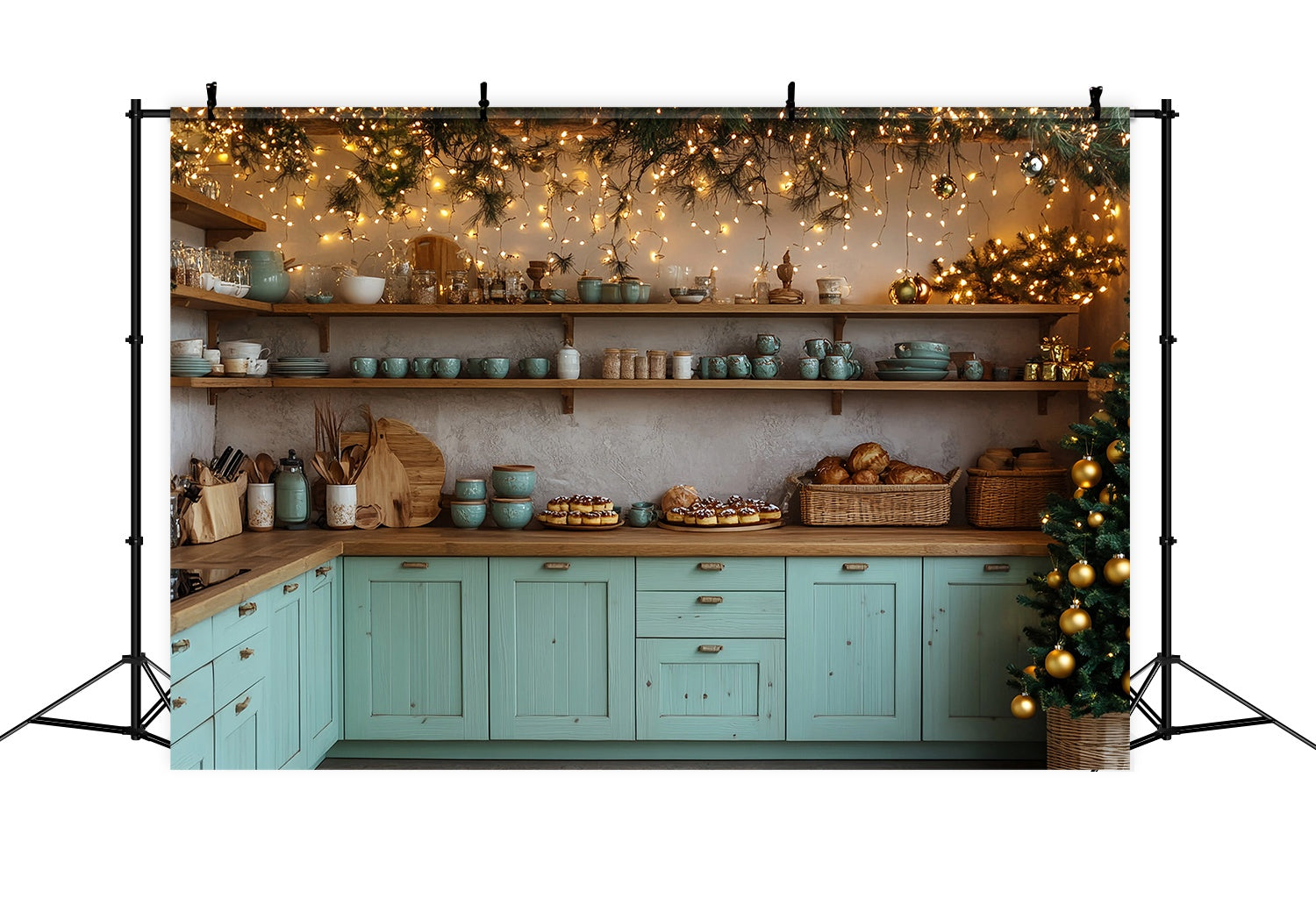 Weihnachten Küche Backdrop Rustikale Küche Weihnachten Bäckerei Dekor Weihnachten Studiohintergrund 10x10 TWW58-83