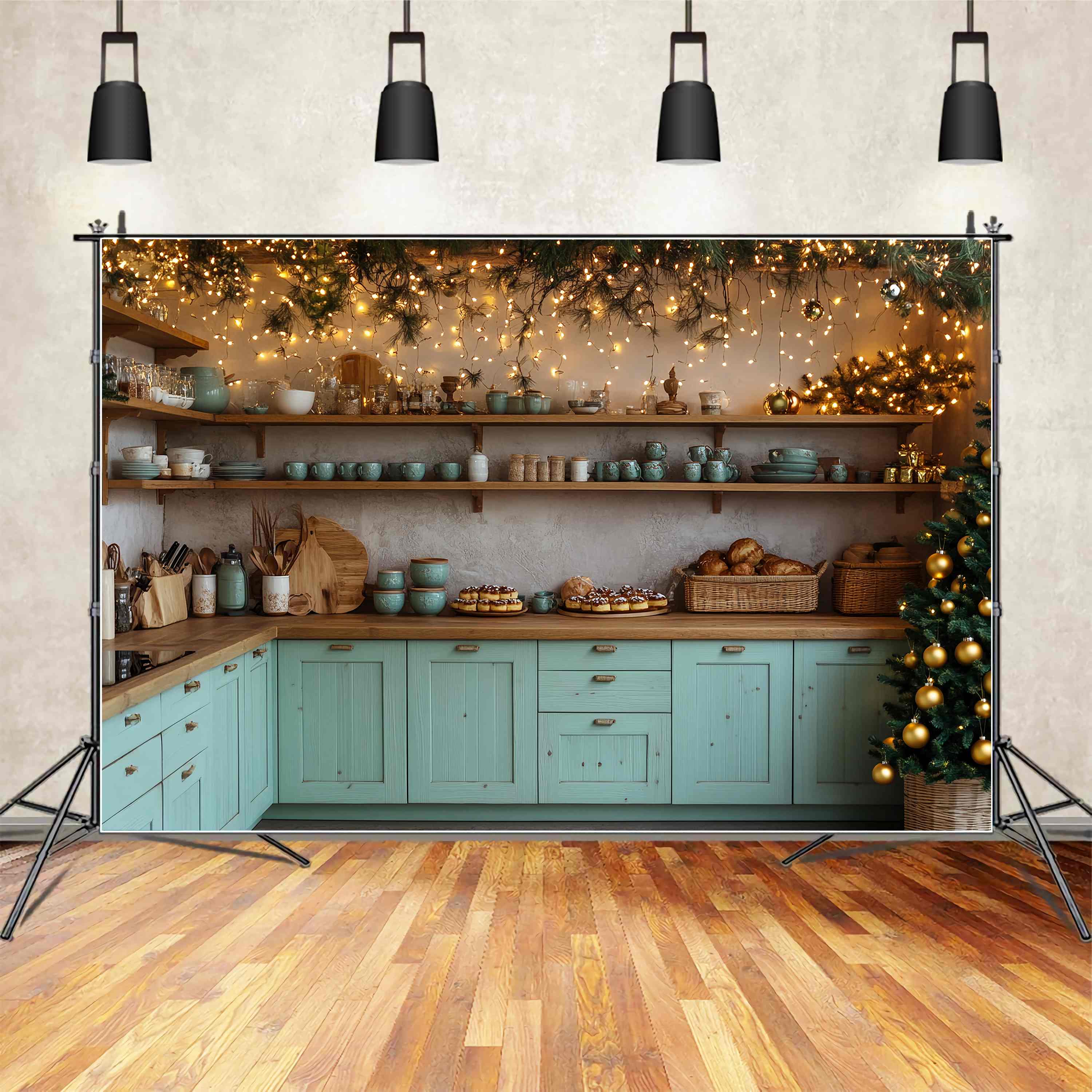 Weihnachten Küche Backdrop Rustikale Küche Weihnachten Bäckerei Dekor Weihnachten Studiohintergrund 10x10 TWW58-83