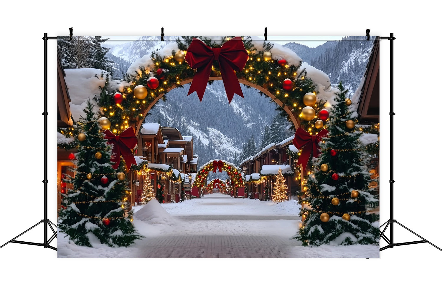 Weihnachtsdorf Fotohintergrund Alpenländisches Dorf Rot-Goldener Torbogen Weihnachten Fotokulissen TWW58-84