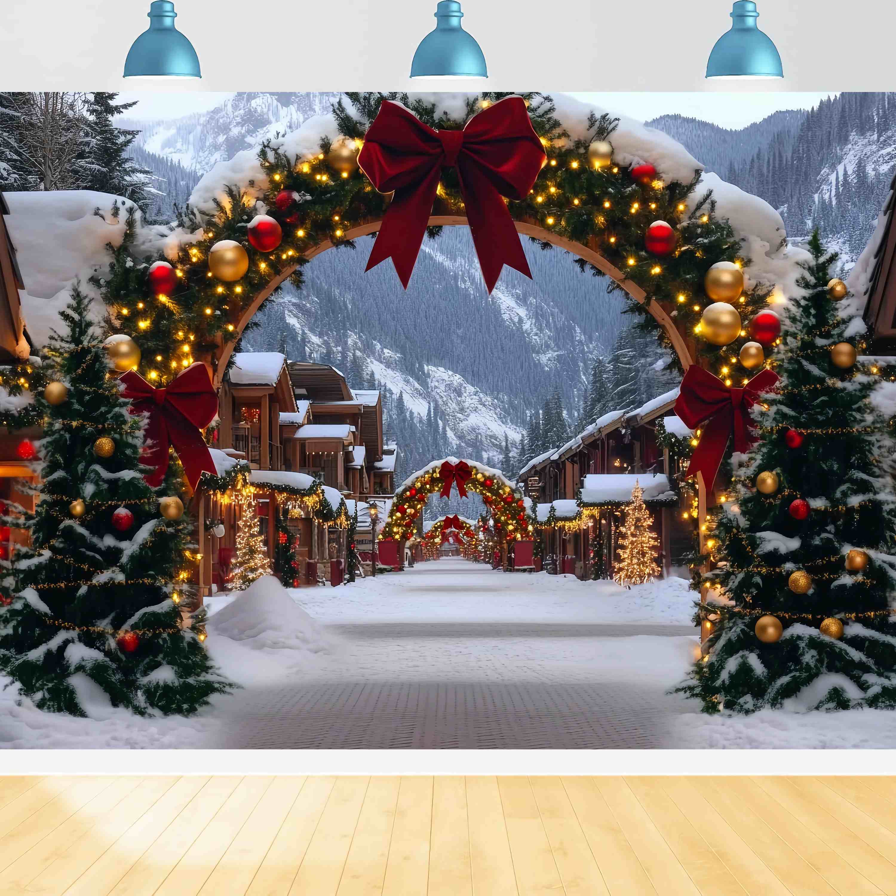 Weihnachtsdorf Fotohintergrund Alpenländisches Dorf Rot-Goldener Torbogen Weihnachten Fotokulissen TWW58-84