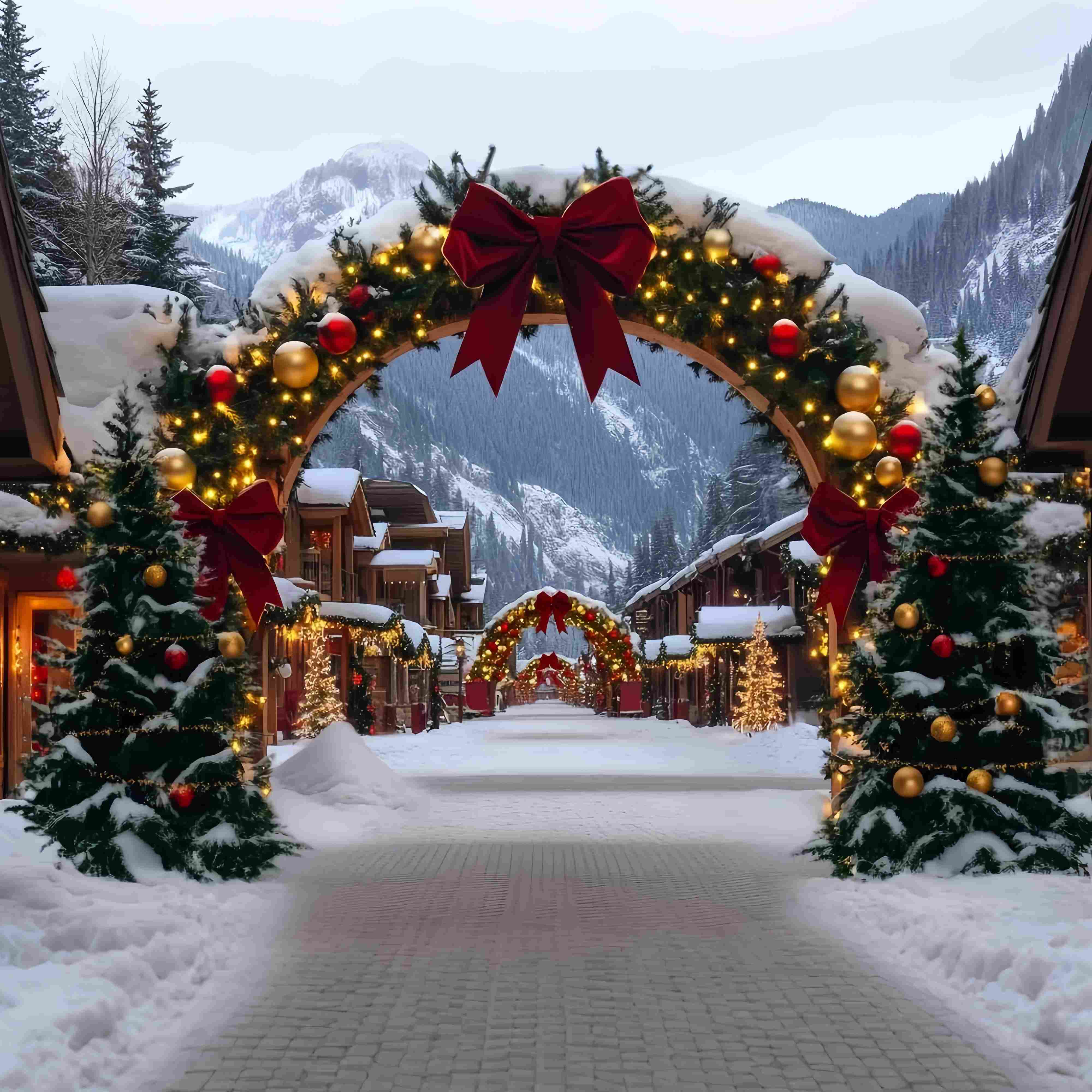 Weihnachtsdorf Fotohintergrund Alpenländisches Dorf Rot-Goldener Torbogen Weihnachten Fotokulissen TWW58-84