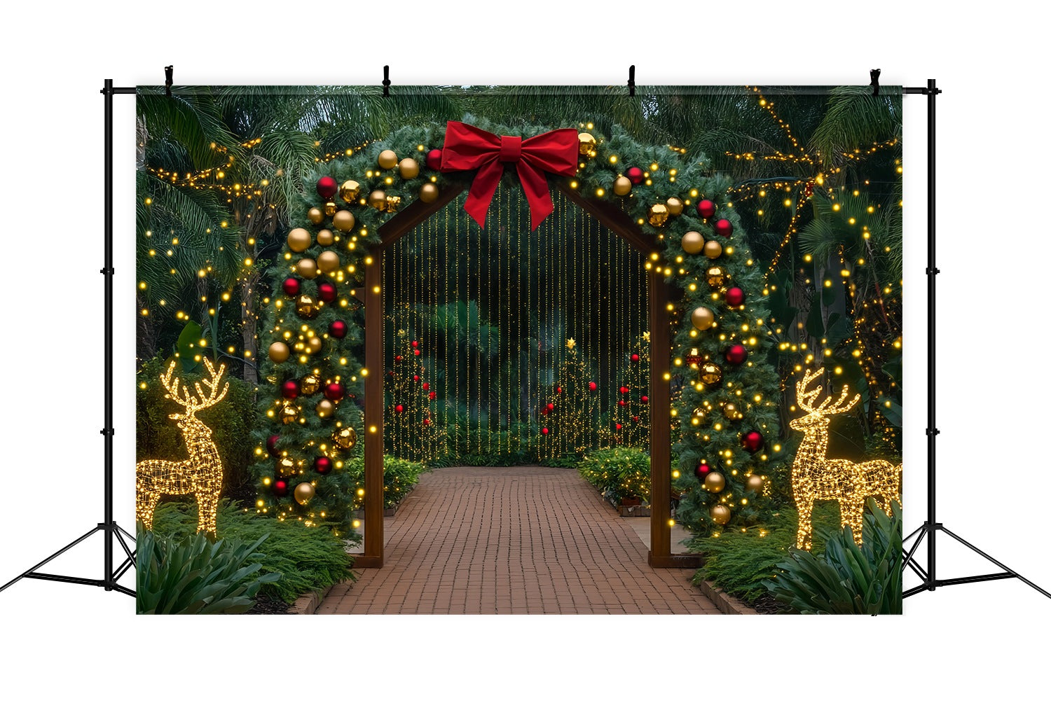 Weihnachtsbaum Bauernhof Backdrop Golden Archway Rentier Licht Display Weihnachten Fotohintergrund für Fotos TWW58-85