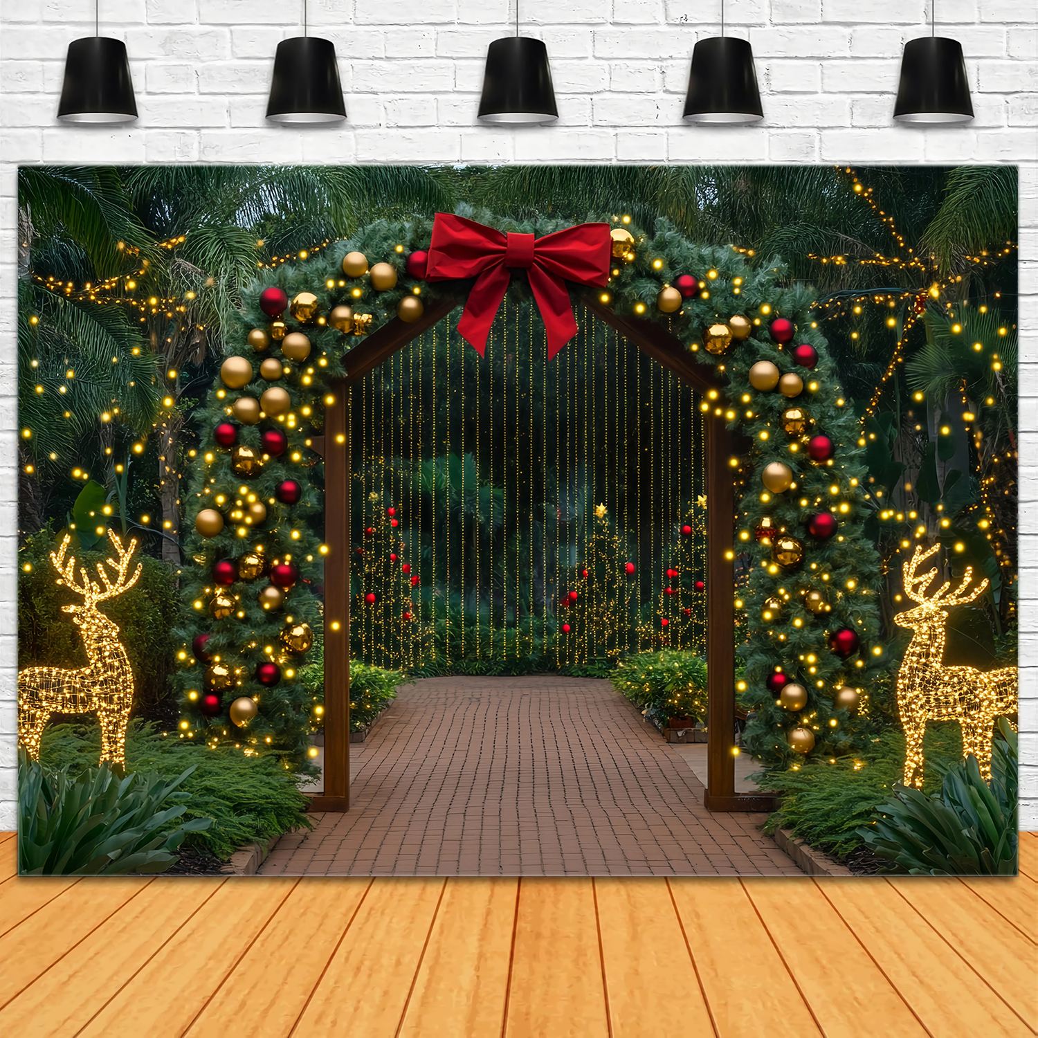 Weihnachtsbaum Bauernhof Backdrop Golden Archway Rentier Licht Display Weihnachten Fotohintergrund für Fotos TWW58-85