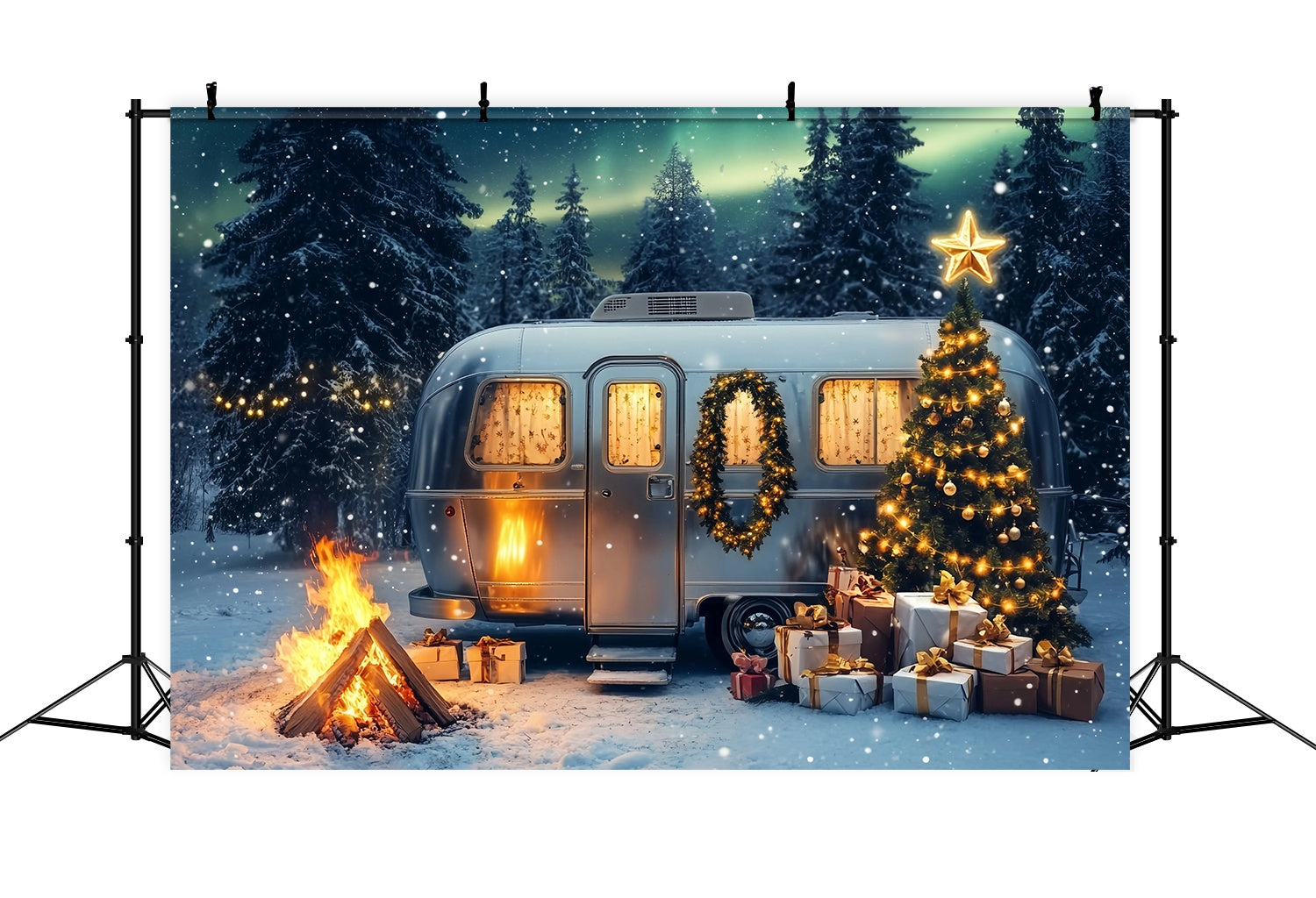 Weihnachtsbaum Bauernhof Backdrop Schneey Camper Weihnachtsbaum Magie Fotohintergrund Weihnachten TWW58-86