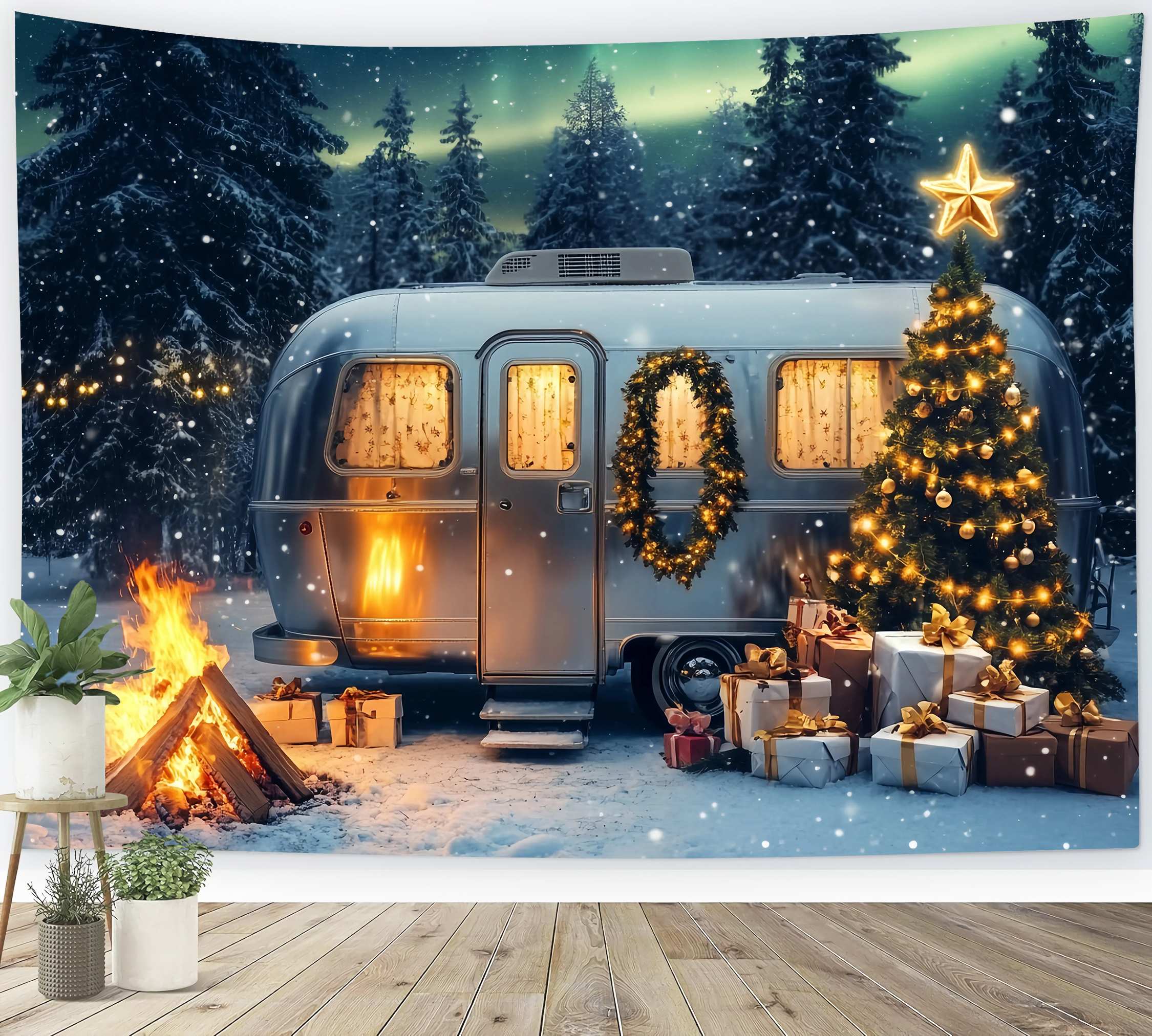 Weihnachtsbaum Bauernhof Backdrop Schneey Camper Weihnachtsbaum Magie Fotohintergrund Weihnachten TWW58-86