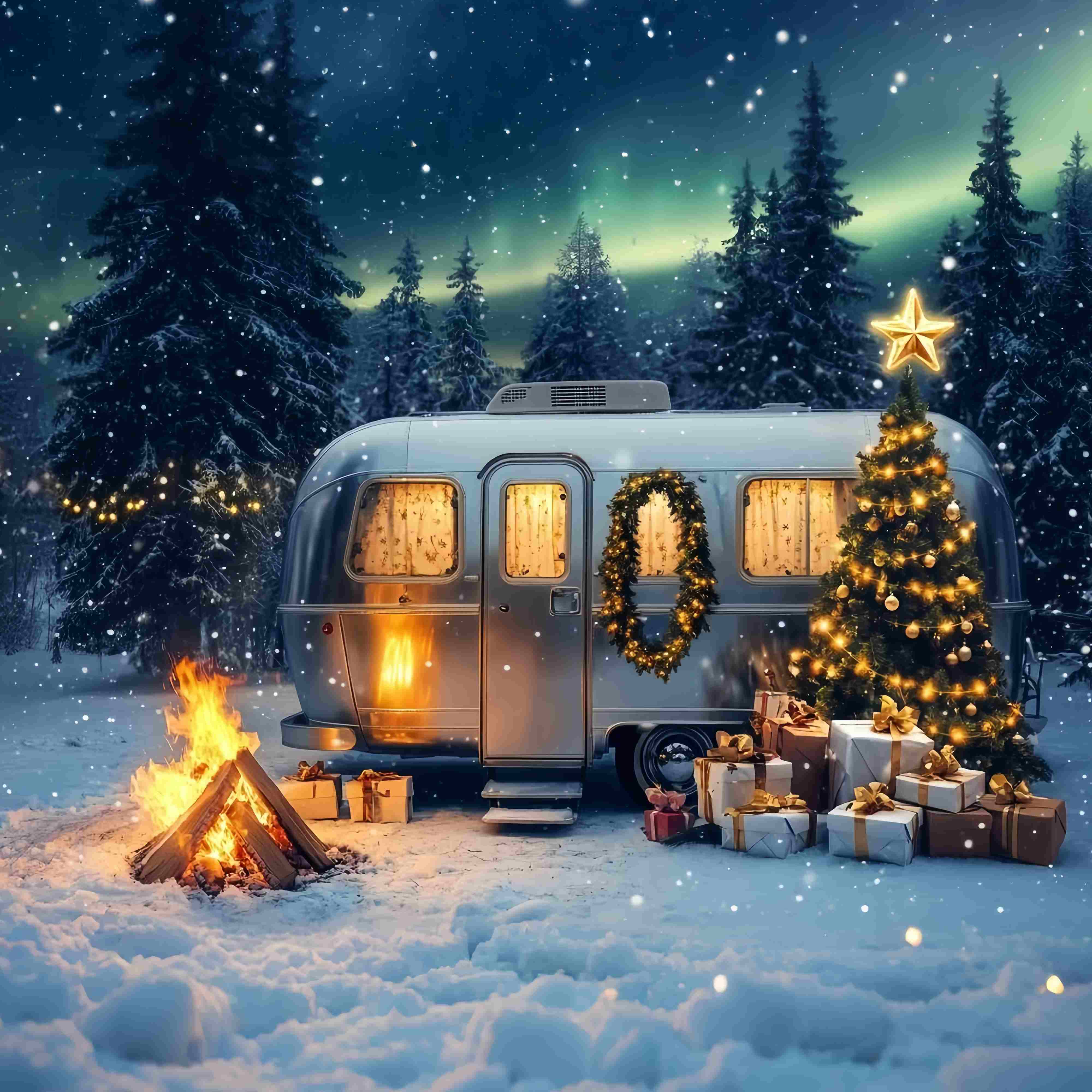 Weihnachtsbaum Bauernhof Backdrop Schneey Camper Weihnachtsbaum Magie Fotohintergrund Weihnachten TWW58-86