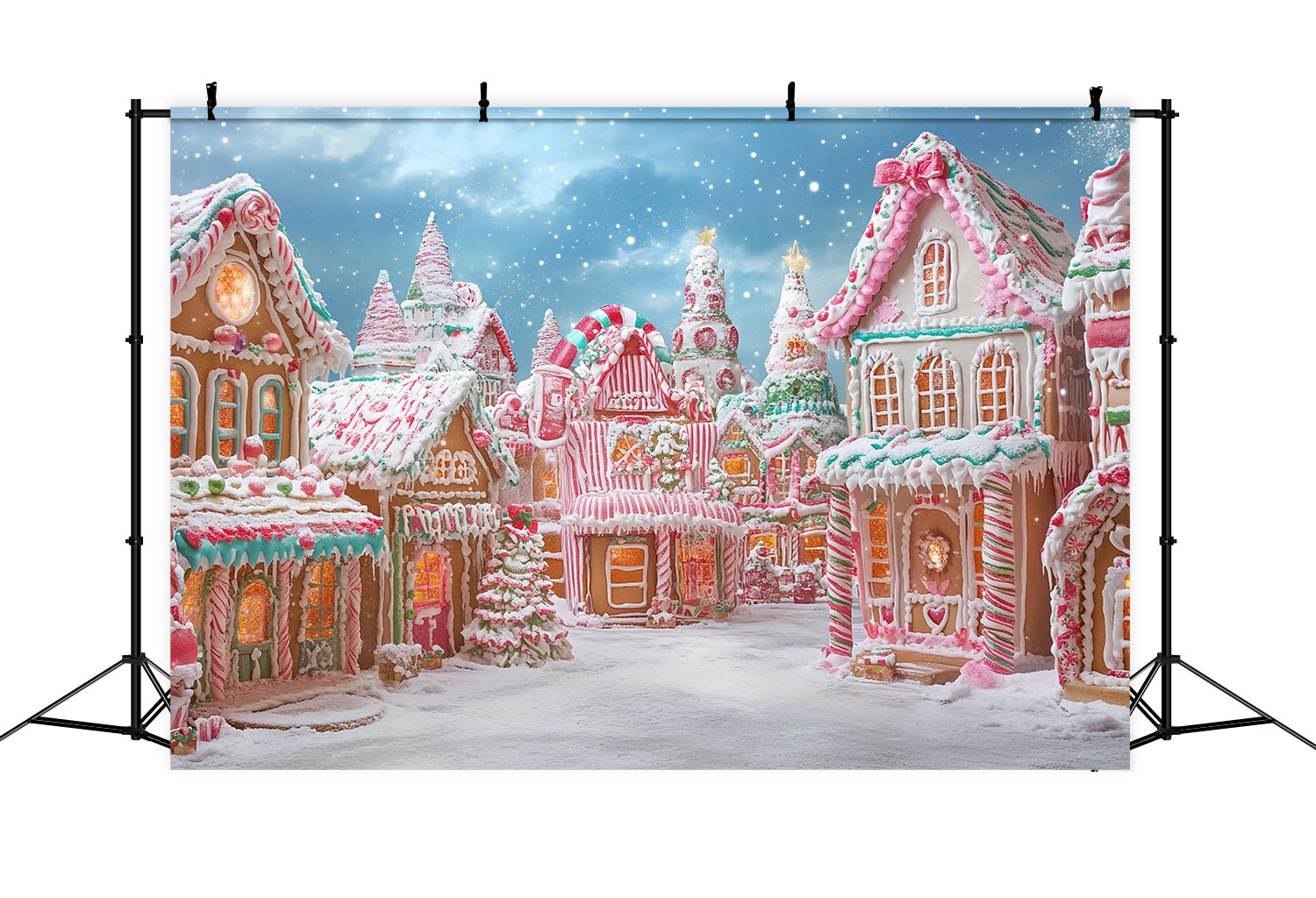 Candyland Weihnachten Backdrop Zuckerstange Lebkuchen Dorf Wunderland Weihnachten Studiohintergrund für Fotos TWW58-87