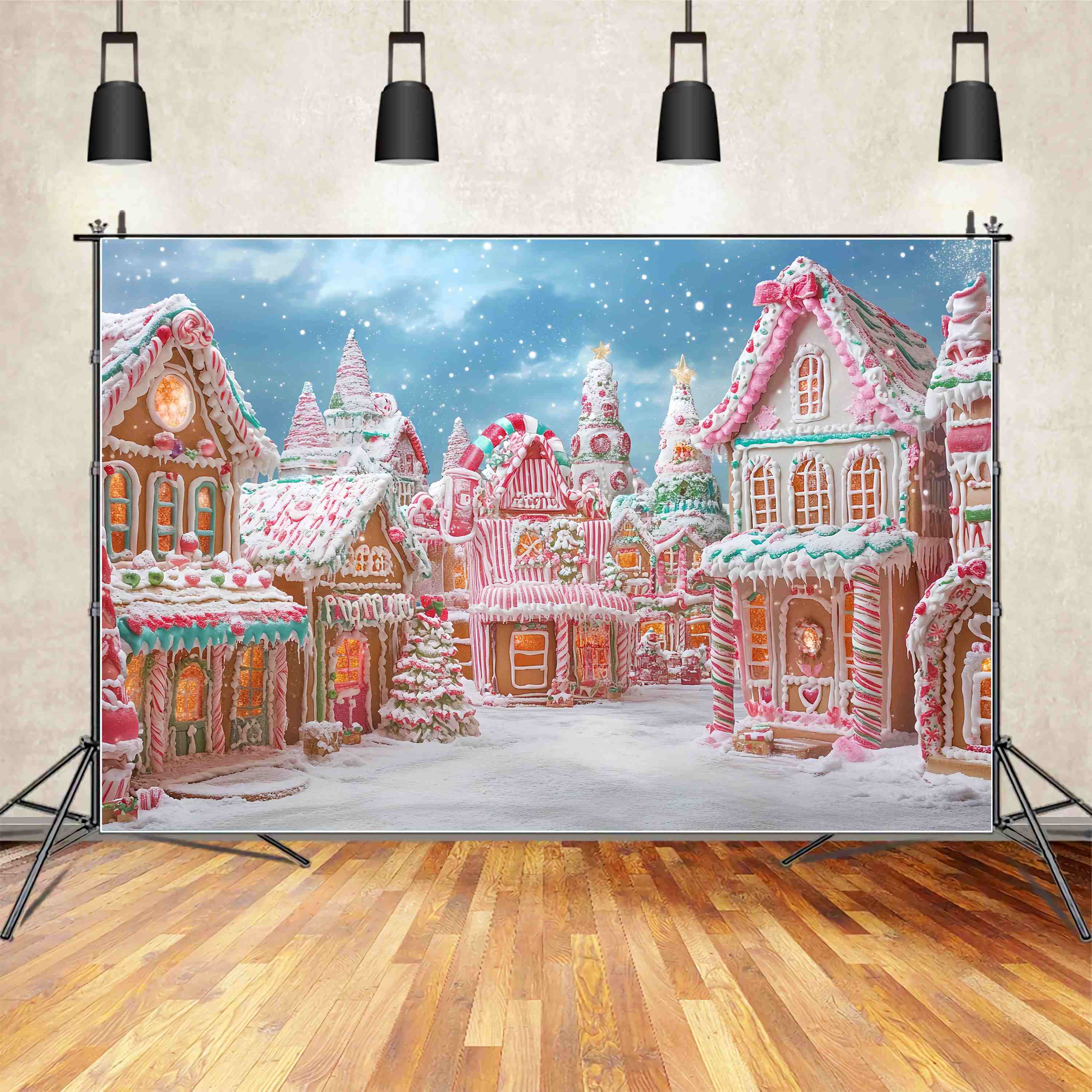 Candyland Weihnachten Backdrop Zuckerstange Lebkuchen Dorf Wunderland Weihnachten Studiohintergrund für Fotos TWW58-87