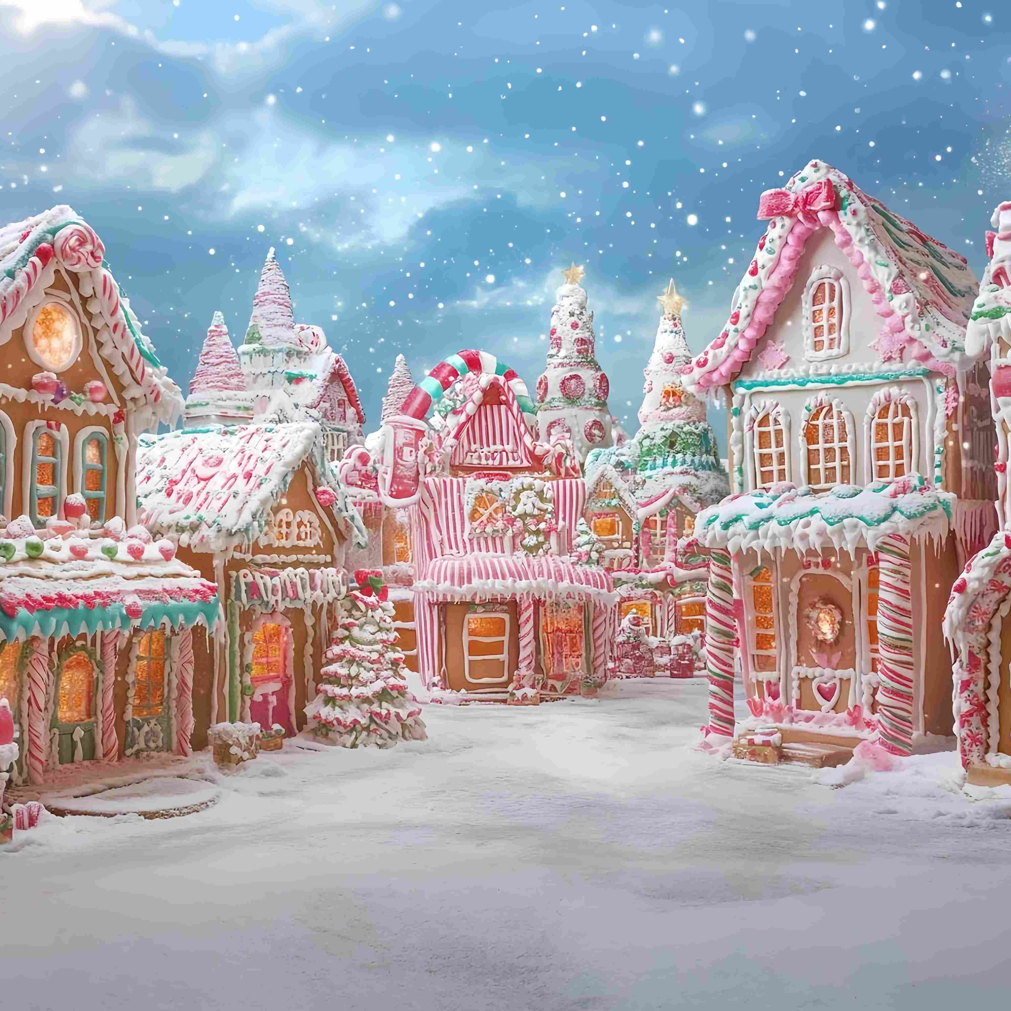 Candyland Weihnachten Backdrop Zuckerstange Lebkuchen Dorf Wunderland Weihnachten Studiohintergrund für Fotos TWW58-87