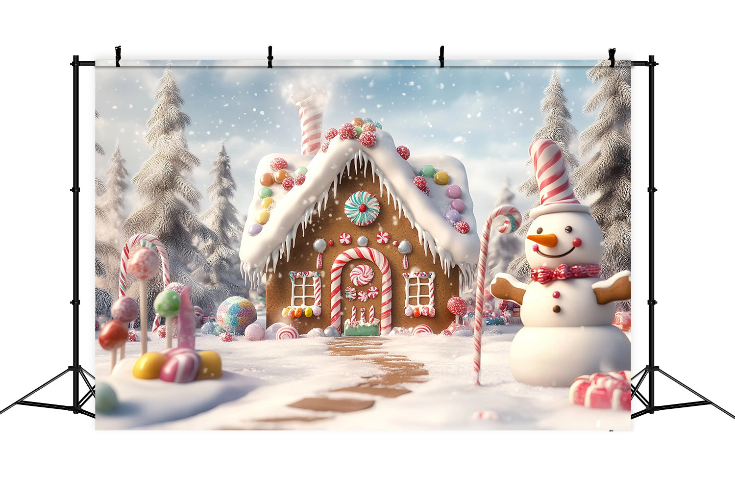 Candyland Weihnachten Backdrop Lebkuchenhaus Schneemann Süßigkeiten Garten Weihnachten Studiohintergrund 10x10 TWW58-88