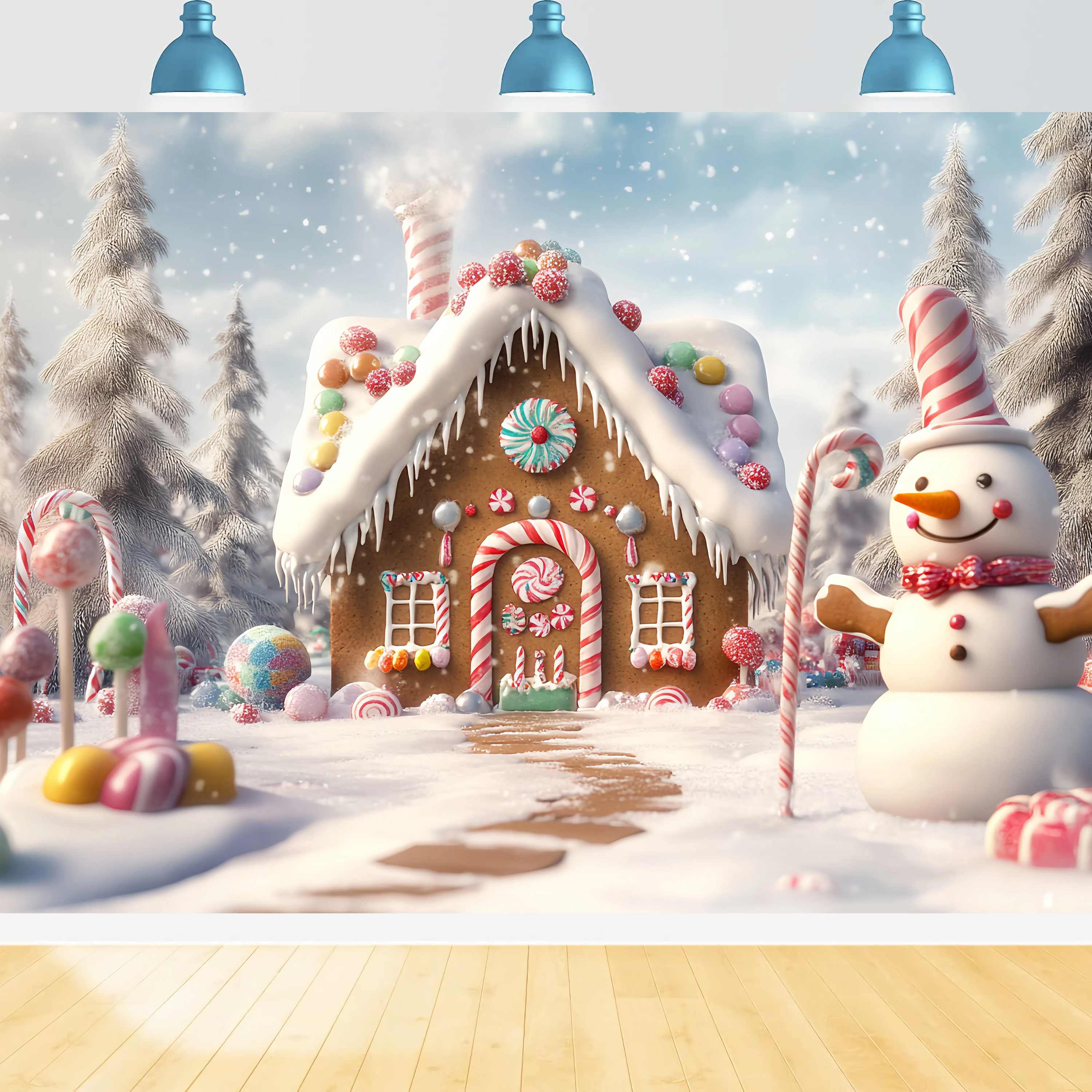 Candyland Weihnachten Backdrop Lebkuchenhaus Schneemann Süßigkeiten Garten Weihnachten Studiohintergrund 10x10 TWW58-88