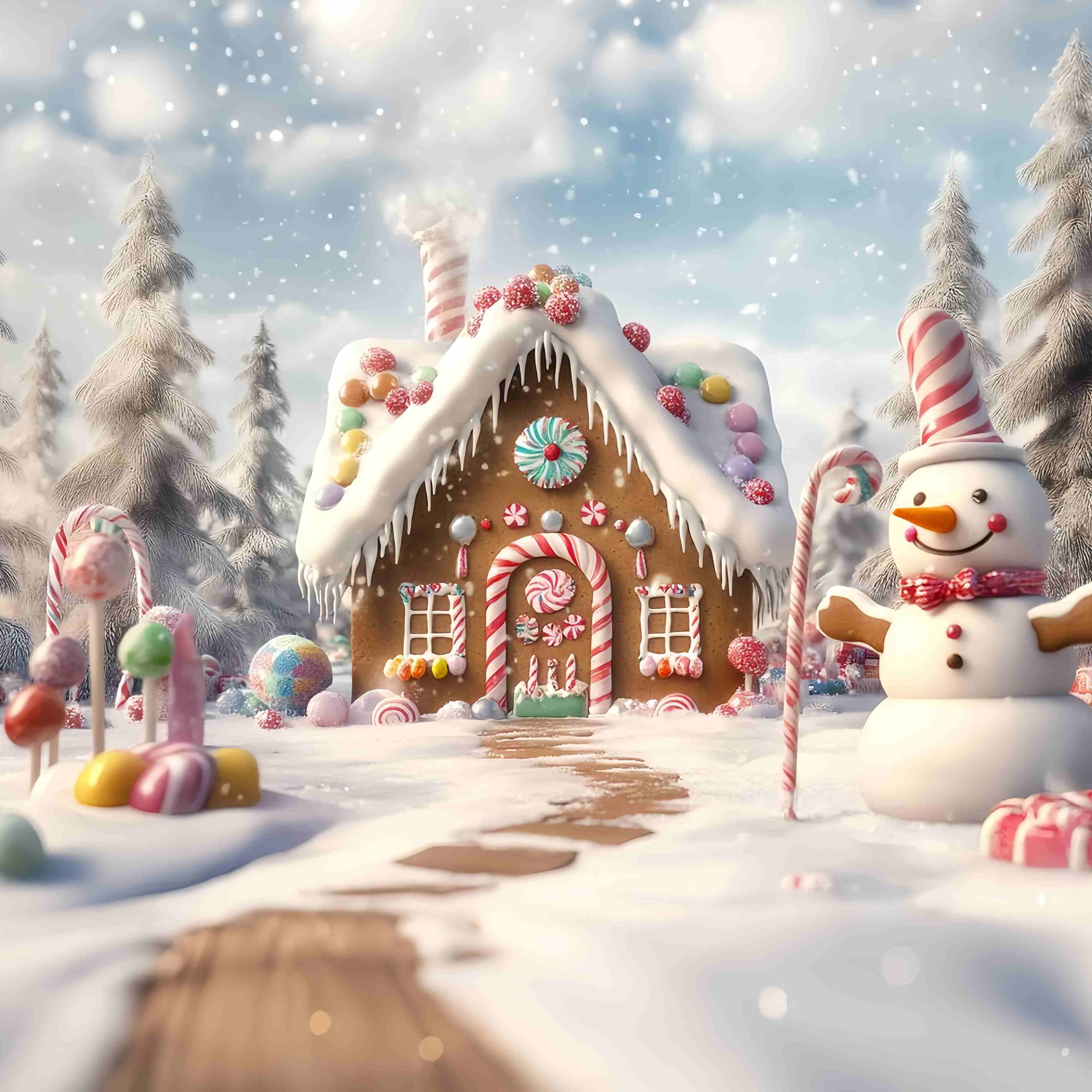 Candyland Weihnachten Backdrop Lebkuchenhaus Schneemann Süßigkeiten Garten Weihnachten Studiohintergrund 10x10 TWW58-88