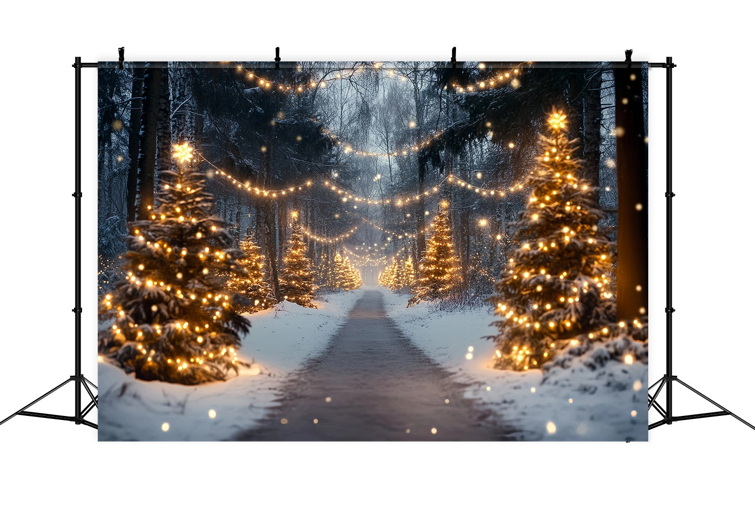 Weihnachtsbaum Bauernhof Fotohintergrund verschneite Waldweg Goldene Lichter Weihnachten Fotokulissen TWW58-89