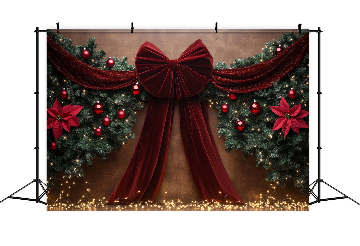Rote Weihnachten Backdrop Samt Bogen Girlande Weihnachtsstern Dekor Weihnachten Studiohintergrund für Fotos TWW58-90