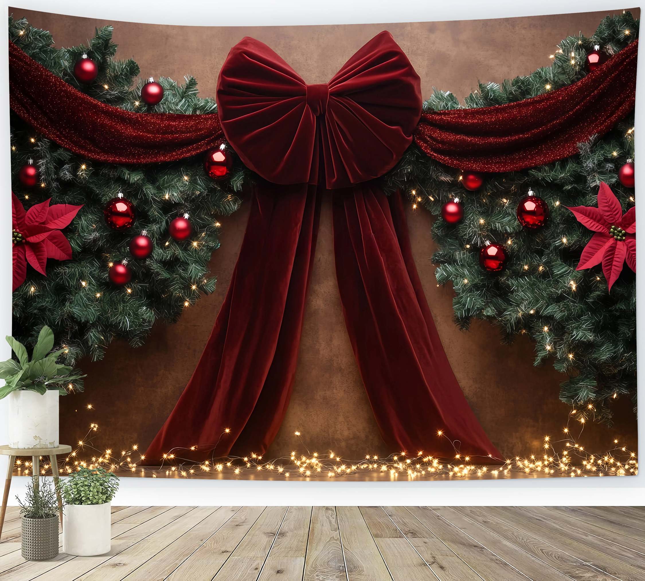 Rote Weihnachten Backdrop Samt Bogen Girlande Weihnachtsstern Dekor Weihnachten Studiohintergrund für Fotos TWW58-90