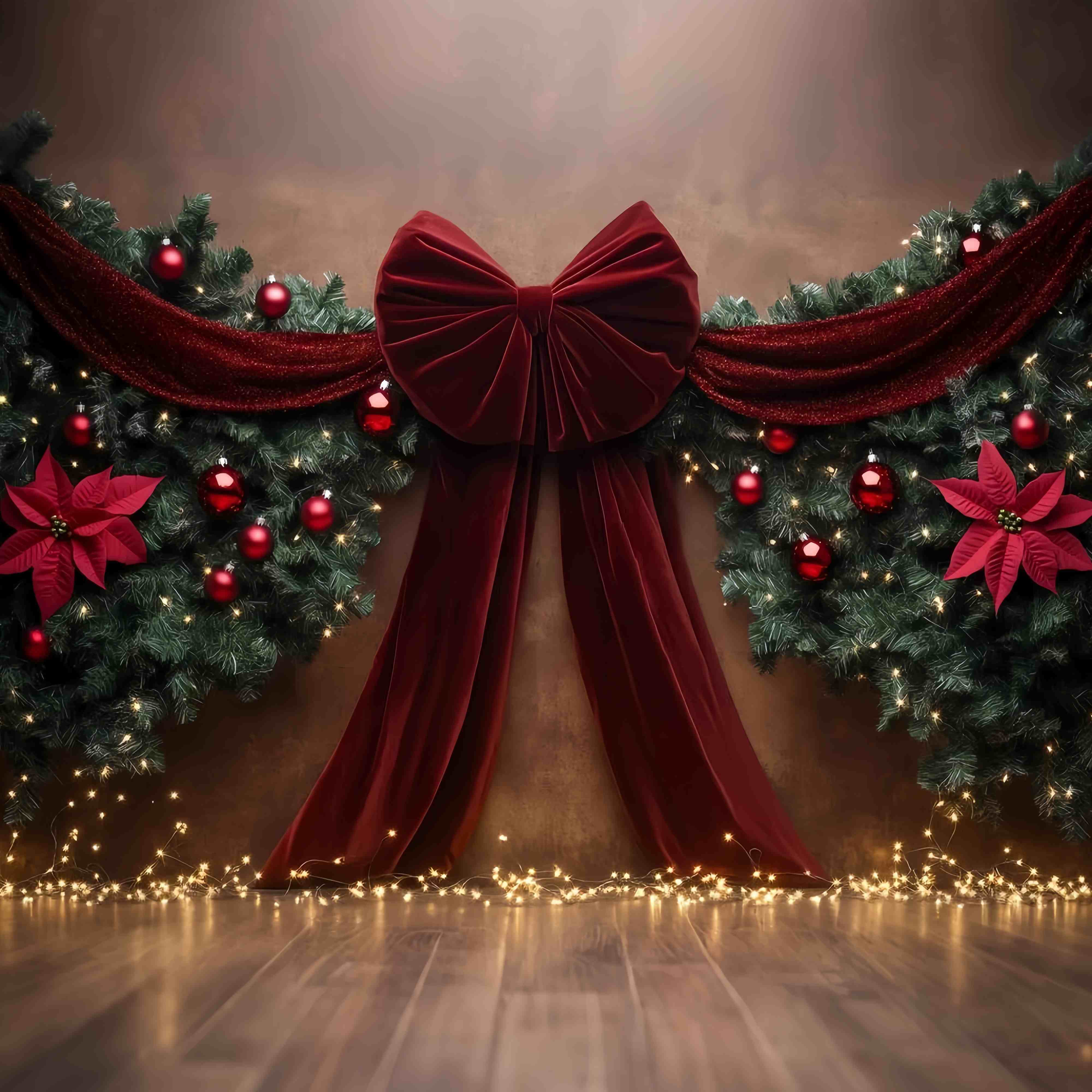 Rote Weihnachten Backdrop Samt Bogen Girlande Weihnachtsstern Dekor Weihnachten Studiohintergrund für Fotos TWW58-90
