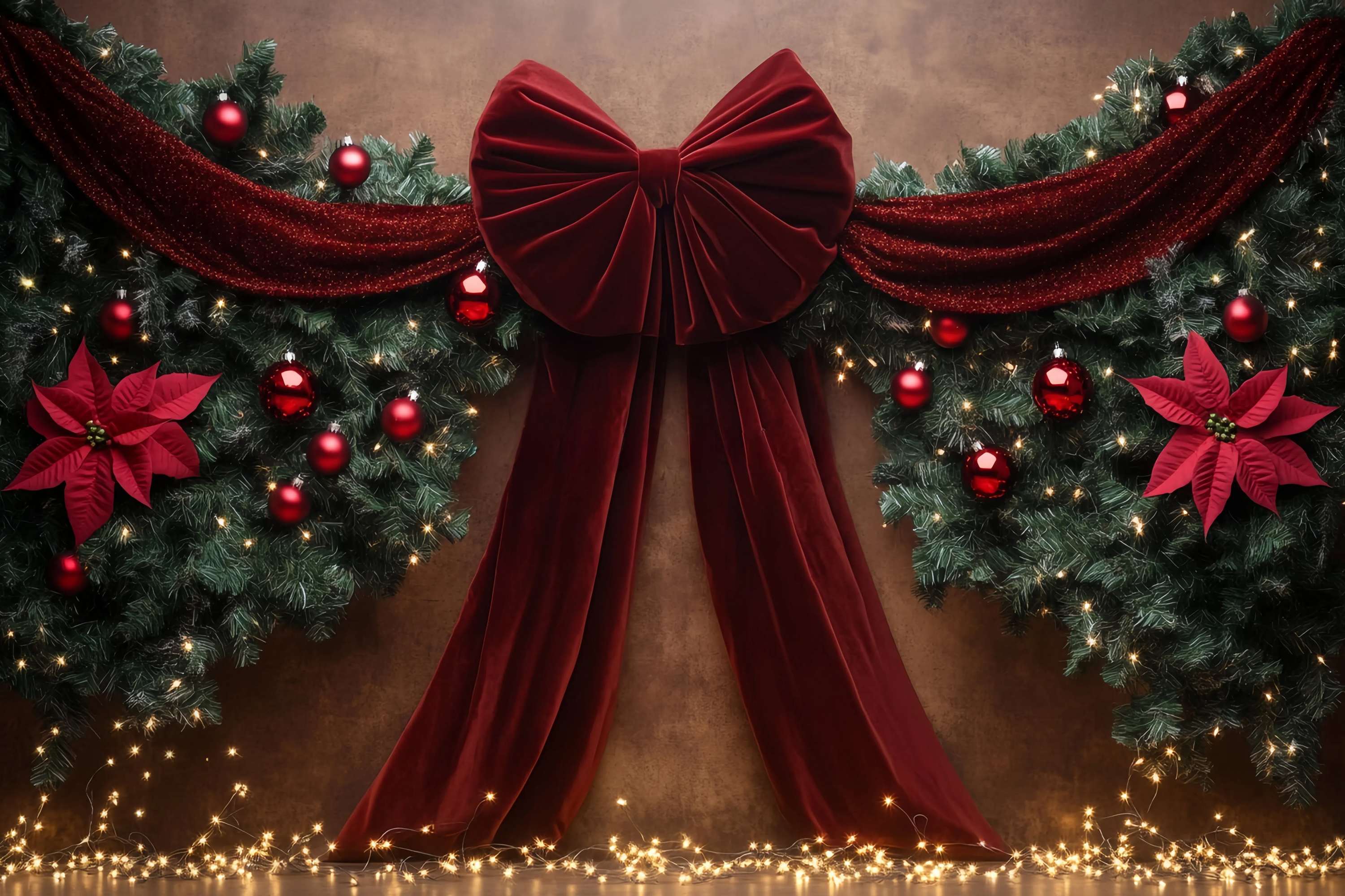 Rote Weihnachten Backdrop Samt Bogen Girlande Weihnachtsstern Dekor Weihnachten Studiohintergrund für Fotos TWW58-90