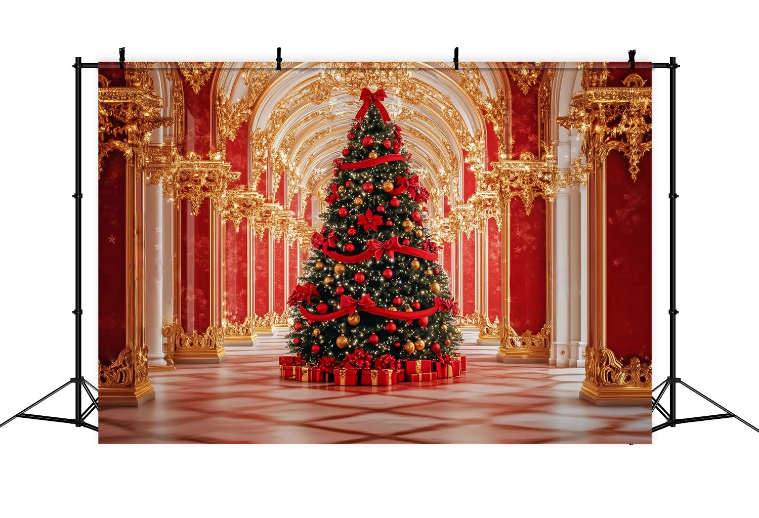 Roter WeihnachtsFotohintergrund Opulenter Palast Weihnachtsbaum Display Weihnachtshintergründe 10x10 TWW58-91