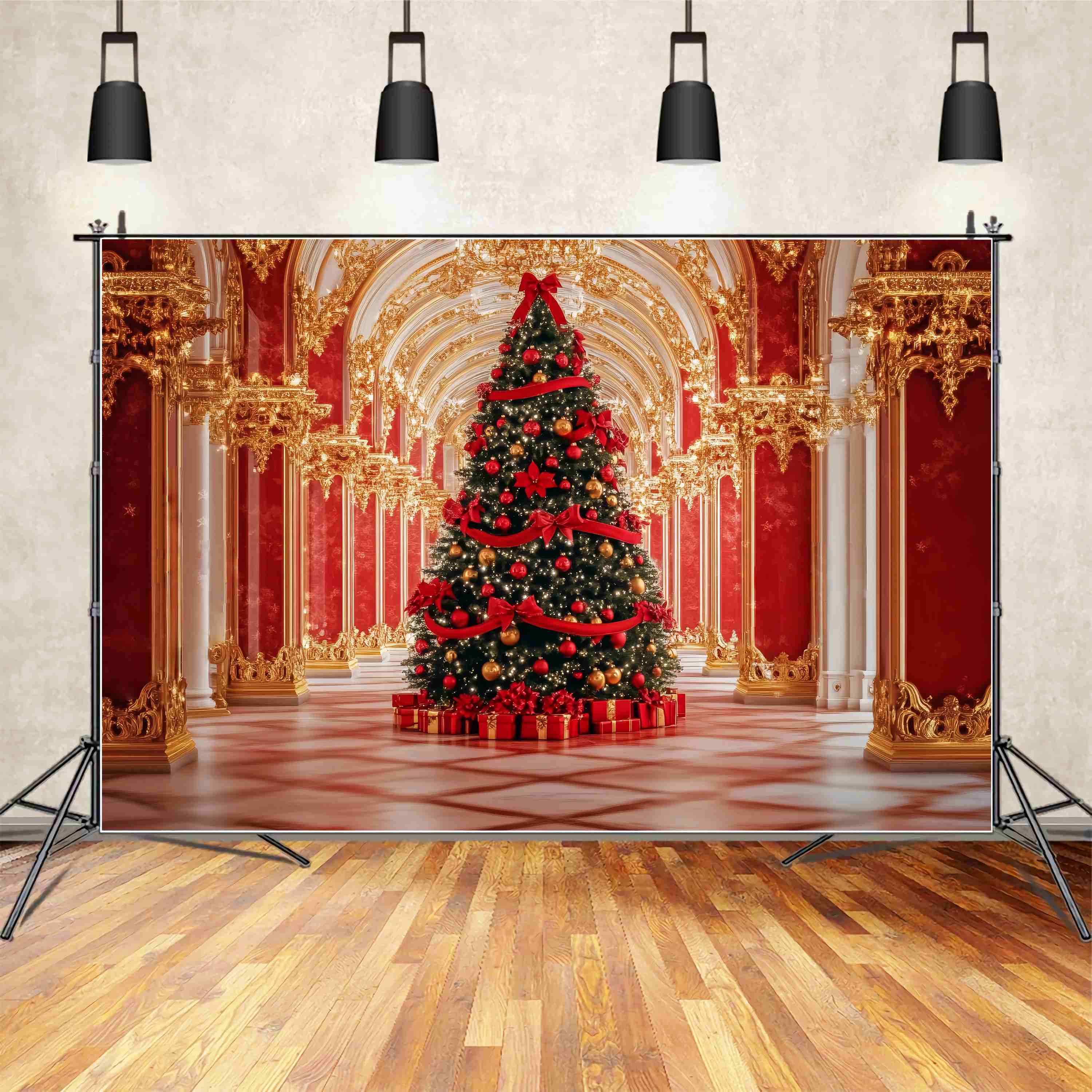 Roter WeihnachtsFotohintergrund Opulenter Palast Weihnachtsbaum Display Weihnachtshintergründe 10x10 TWW58-91