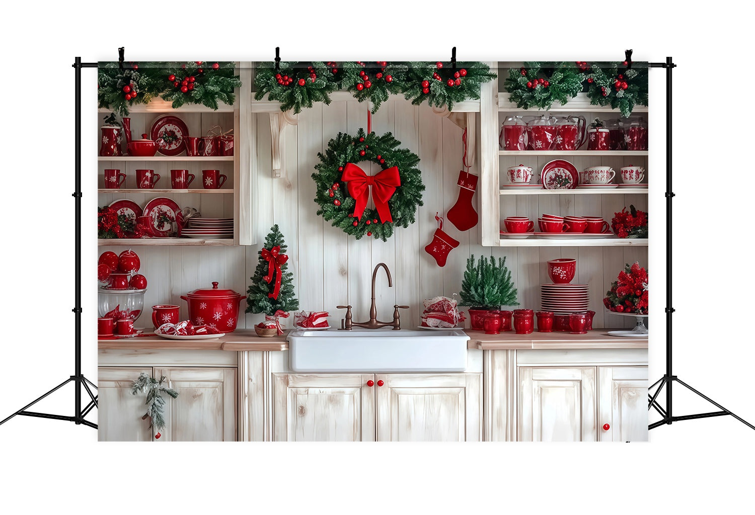 Weihnachten Küche Backdrop Festliche Küche Kranz Rotes Geschirr Weihnachten Studiohintergrund für Fotografie TWW58-92