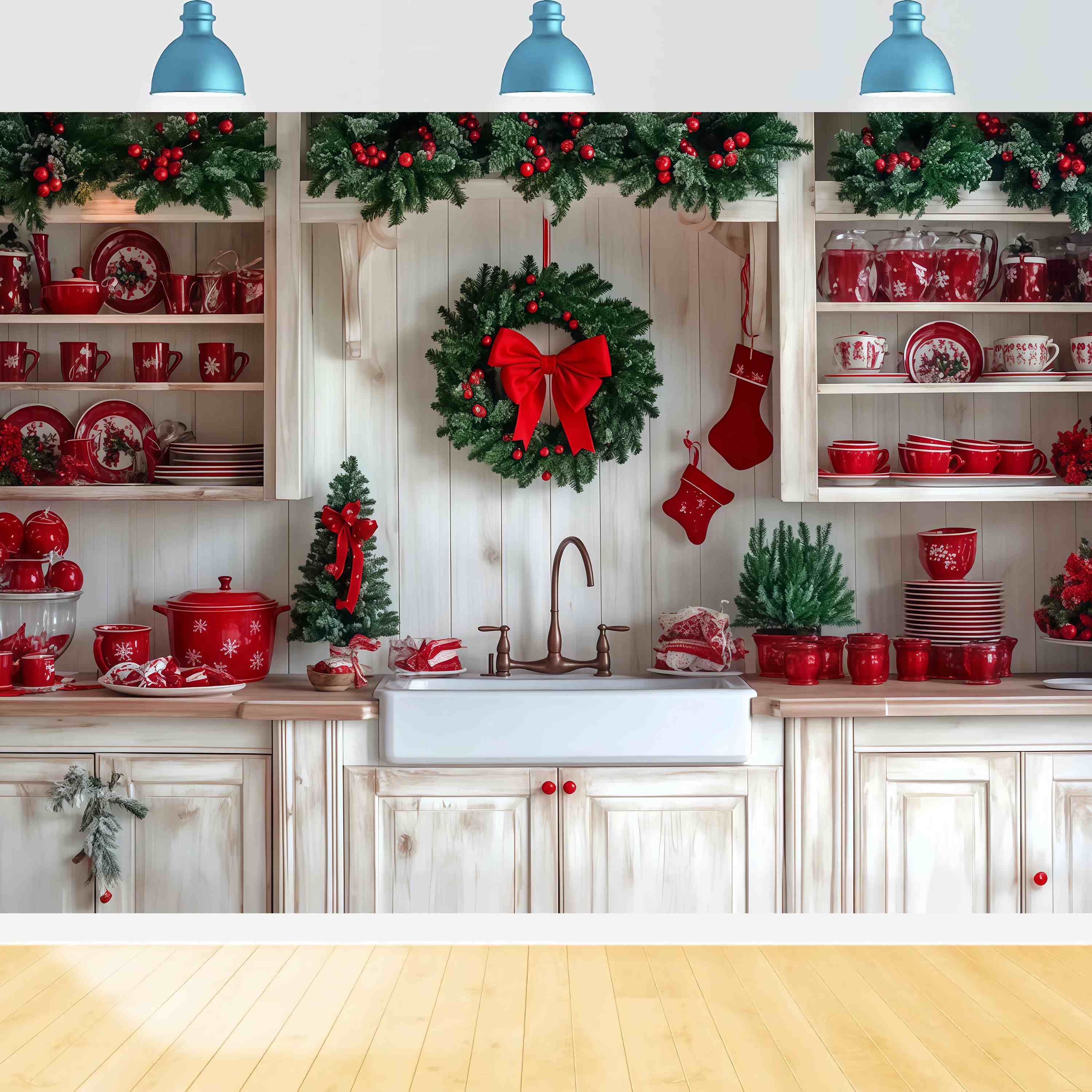 Weihnachten Küche Backdrop Festliche Küche Kranz Rotes Geschirr Weihnachten Studiohintergrund für Fotografie TWW58-92