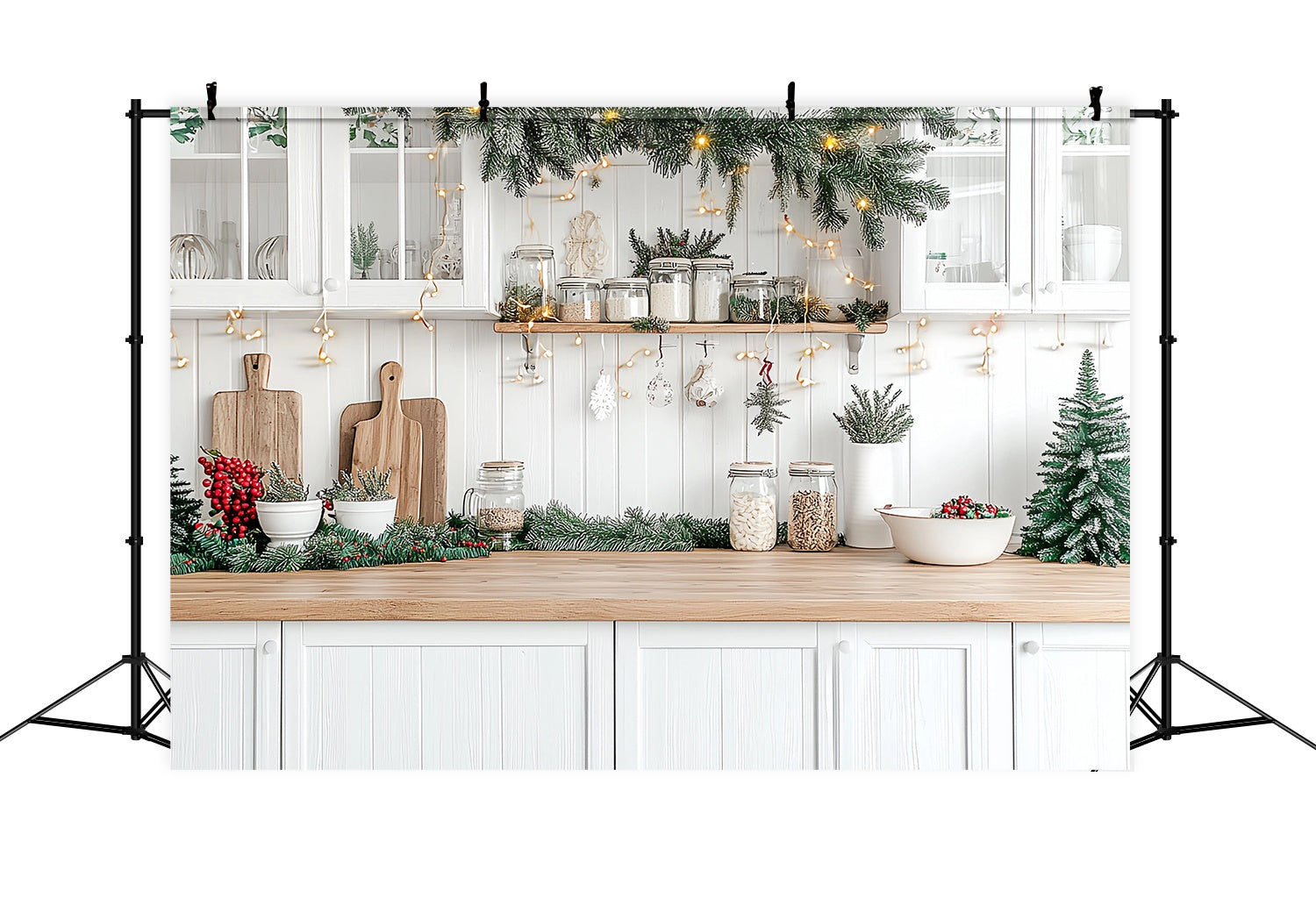 Weihnachten Küche Fotohintergrund weiß Küchentheke immergrüne Girlande glühen Weihnachten Hintergründe für Fotos TWW58-95