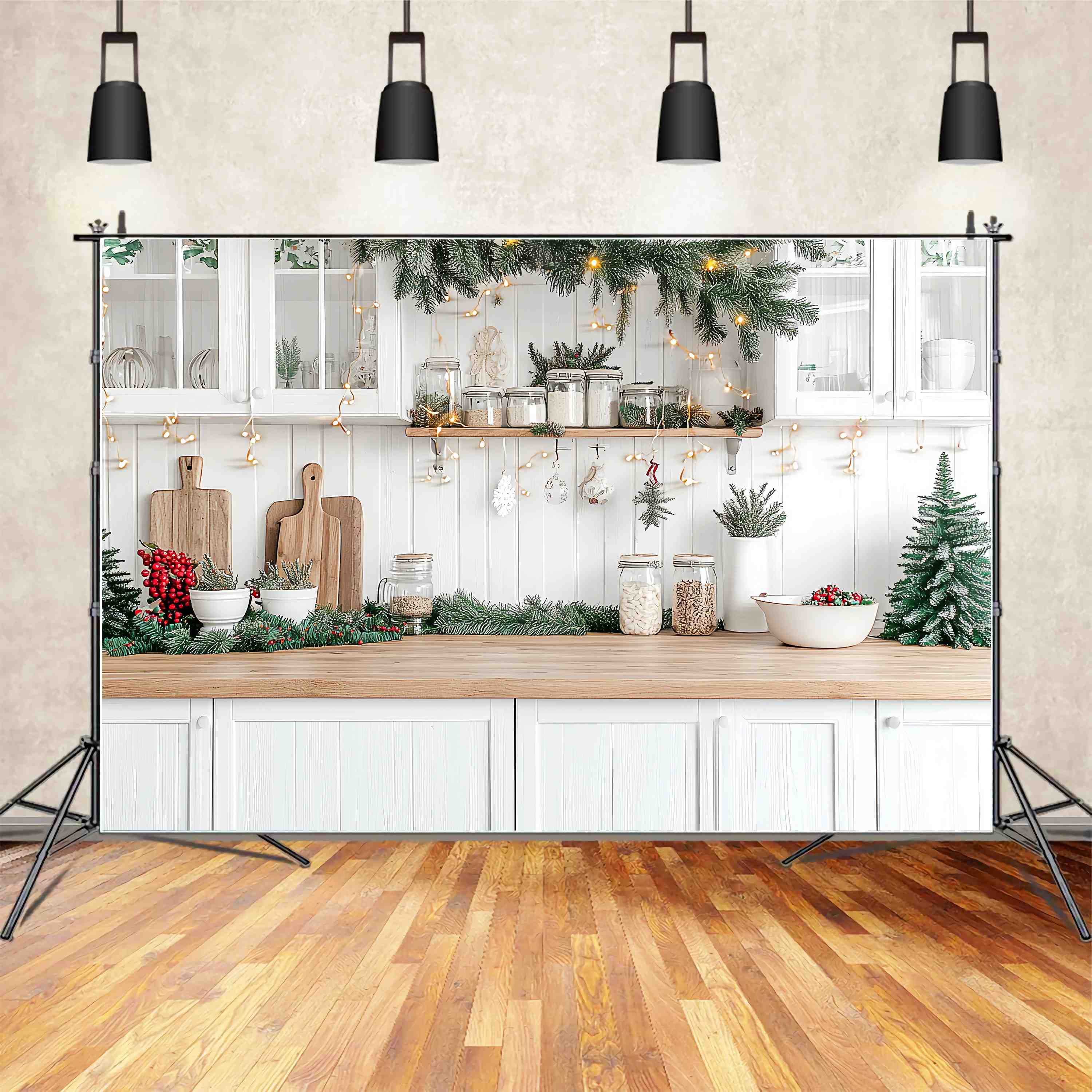 Weihnachten Küche Fotohintergrund weiß Küchentheke immergrüne Girlande glühen Weihnachten Hintergründe für Fotos TWW58-95