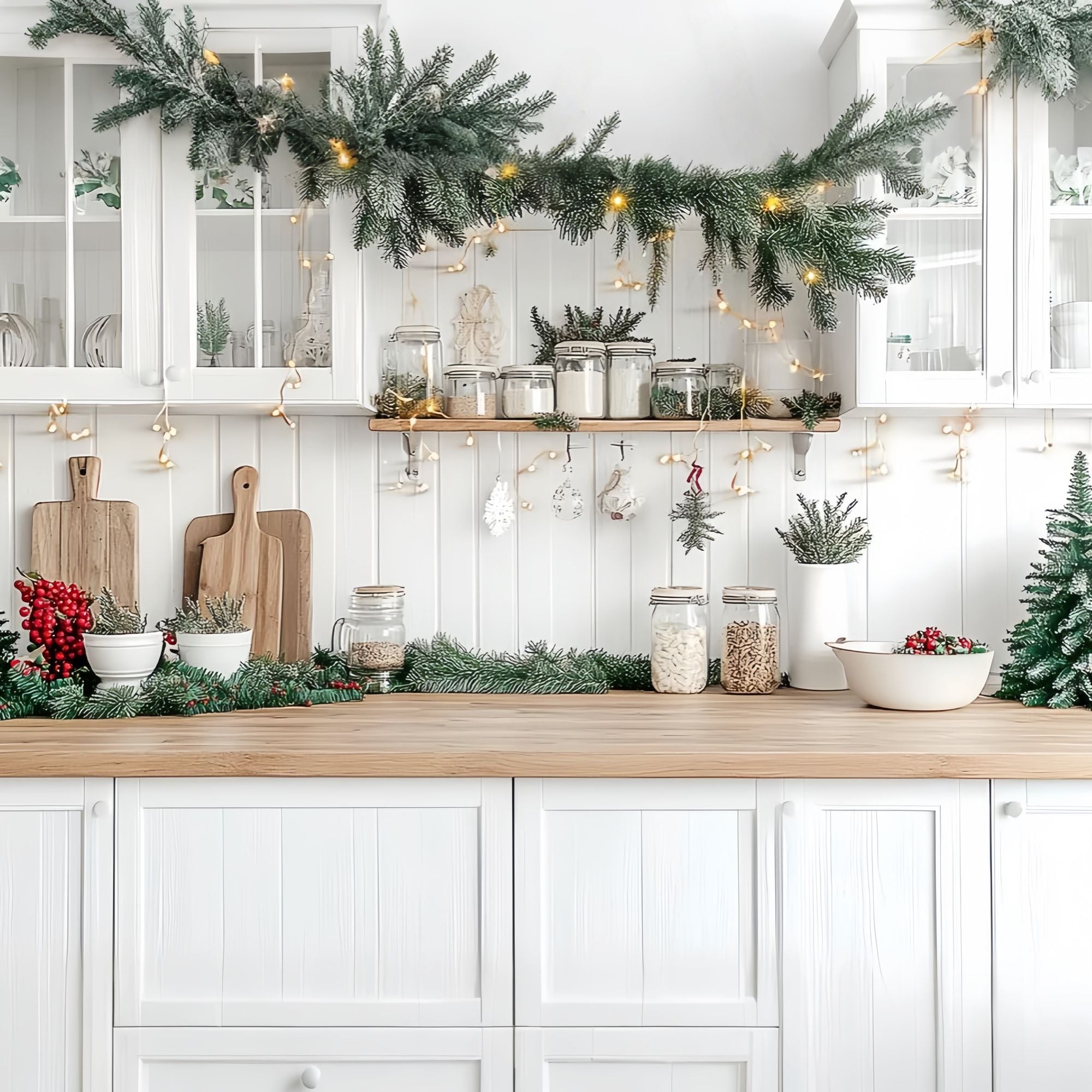 Weihnachten Küche Fotohintergrund weiß Küchentheke immergrüne Girlande glühen Weihnachten Hintergründe für Fotos TWW58-95