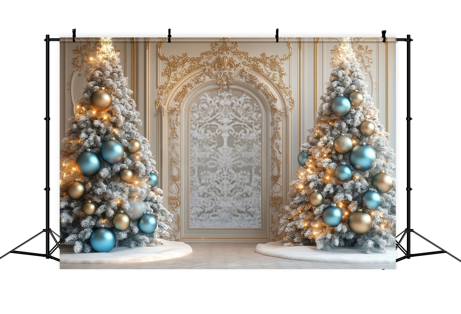 Weihnachtsbaum Backdrop Golden Trim Frosted Trees Archway Christmas Studiohintergrund für Fotografie TWW58-97