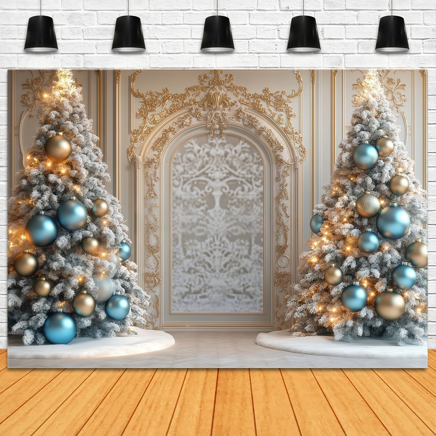 Weihnachtsbaum Backdrop Golden Trim Frosted Trees Archway Christmas Studiohintergrund für Fotografie TWW58-97