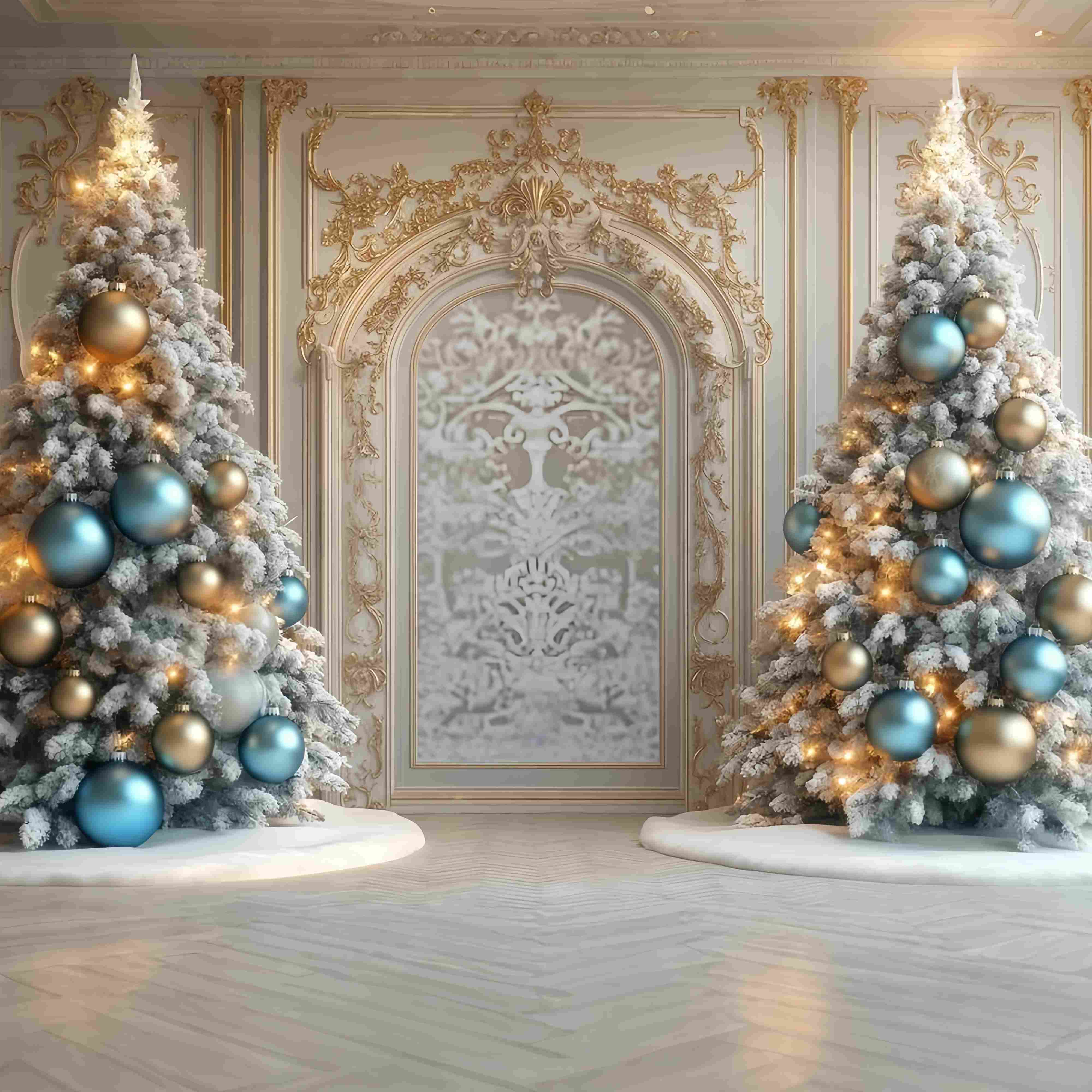 Weihnachtsbaum Backdrop Golden Trim Frosted Trees Archway Christmas Studiohintergrund für Fotografie TWW58-97