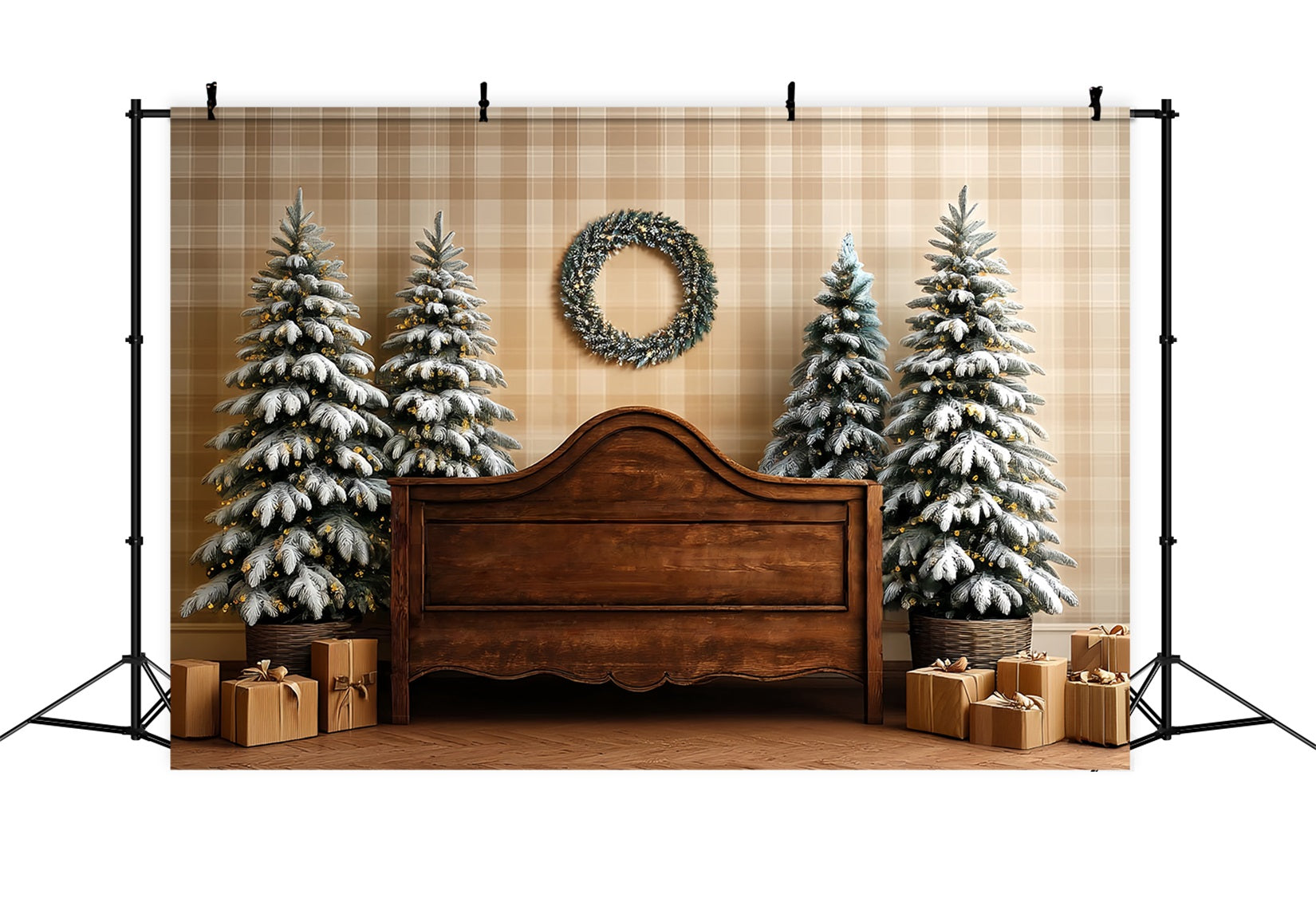 Weihnachts-Kopfteil Fotohintergrund Bereifte Tanne Rustikales Bett Weihnachtshintergründe TWW59-101