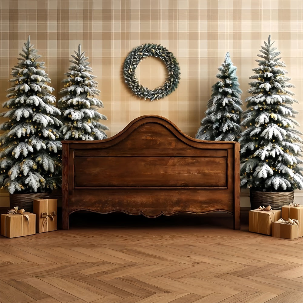 Weihnachts-Kopfteil Fotohintergrund Bereifte Tanne Rustikales Bett Weihnachtshintergründe TWW59-101