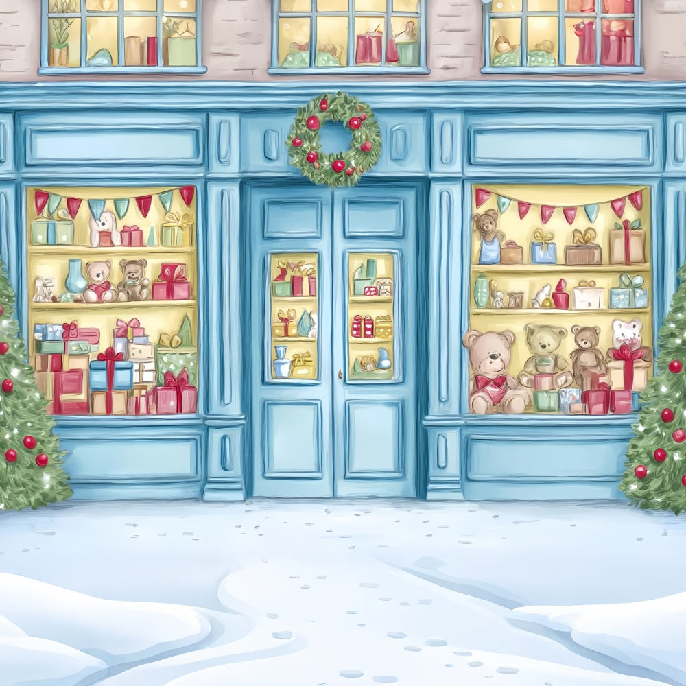 Spielzeugladen Fotohintergrund Spielzeugladen-Schaufenster Teddybären-Auslage WeihnachtsFotohintergrund TWW59-105