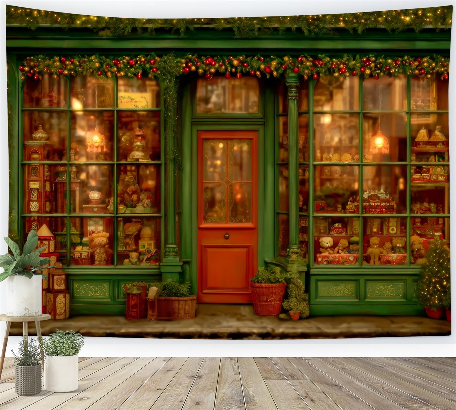 Spielzeugladen Fotohintergrund Vintage-grünes Fenster Spielzeugladen Weihnachtshintergründe TWW59-106