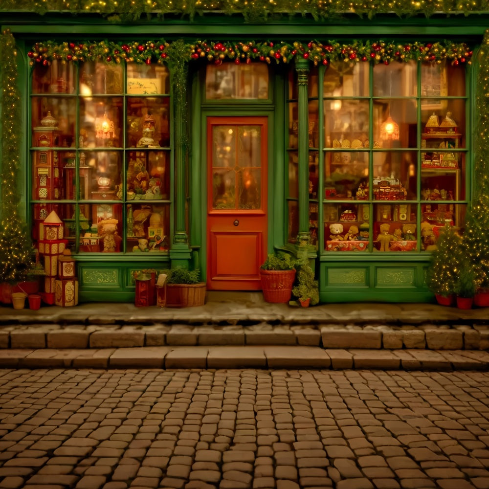 Spielzeugladen Fotohintergrund Vintage-grünes Fenster Spielzeugladen Weihnachtshintergründe TWW59-106
