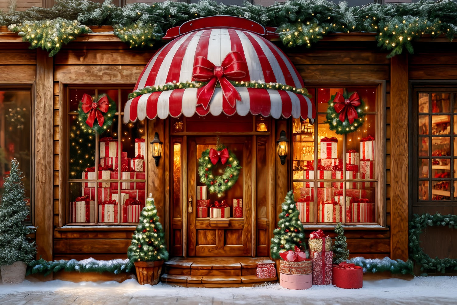 Spielzeugladen Fotohintergrund Gestreifte Markise Geschenkeladen-WeihnachtsFotohintergrund-Ideen TWW59-108