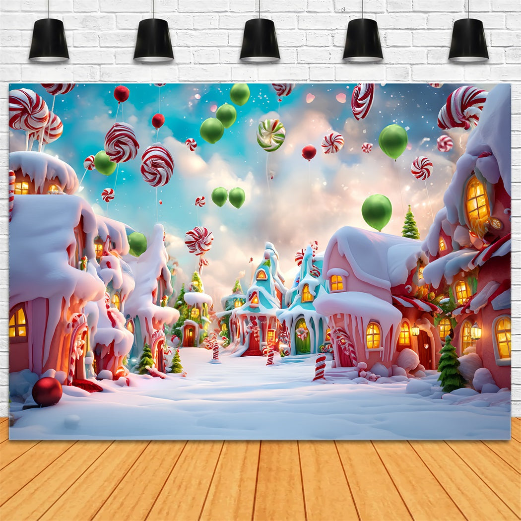 Candyland Fotohintergrund Bonbonballons Verschneites Dorf Weihnachtsfotografie-Hintergründe TWW59-121