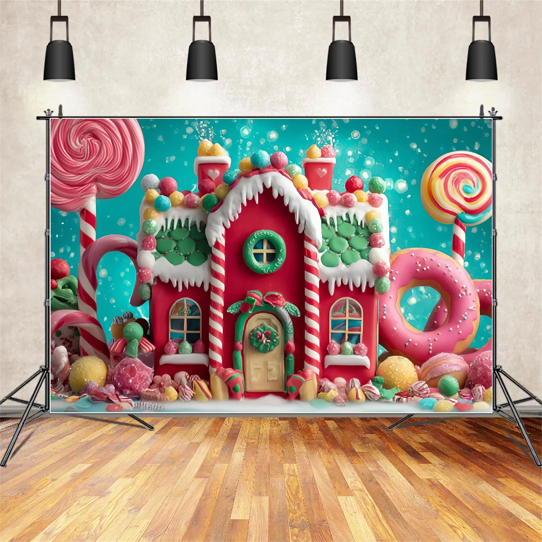 Candyland Fotohintergrund Süßes Lebkuchen-Bonbonhaus Weihnachtshintergründe für Fotos TWW59-123