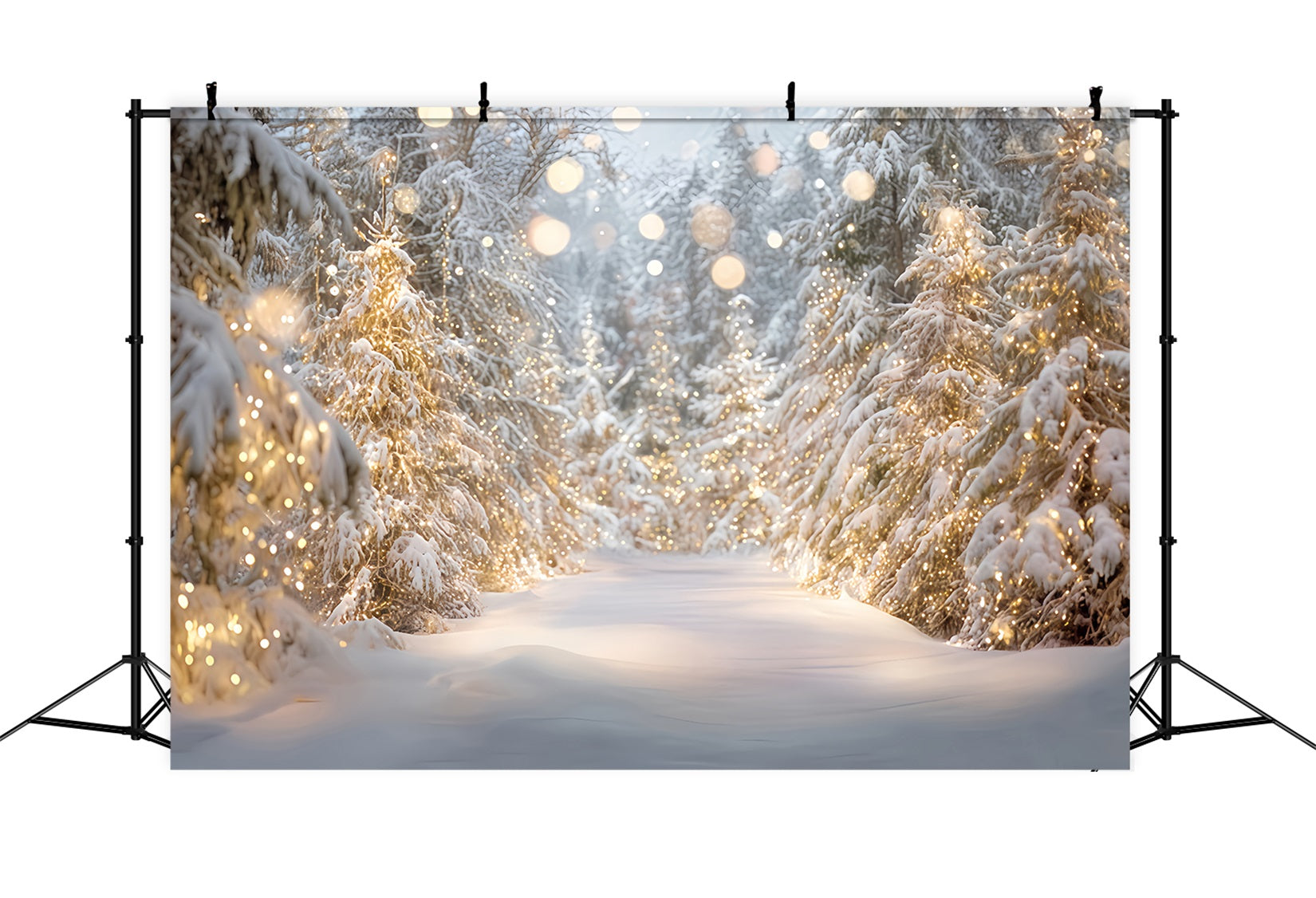 Verschneiter Wald-Fotohintergrund Schneebäume Goldene Lichter Winterwald-Fotohintergrund TWW59-133