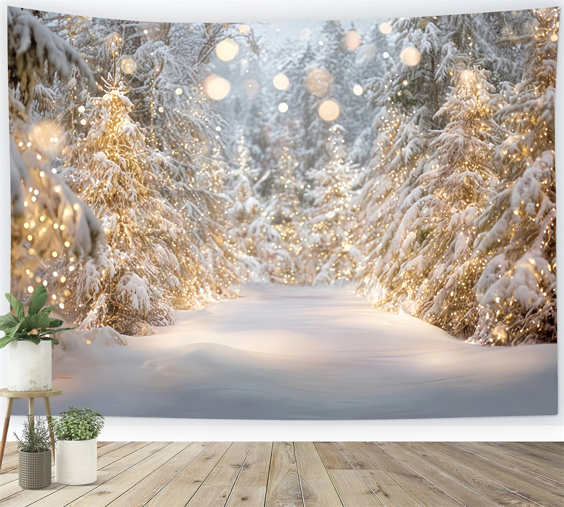 Verschneiter Wald-Fotohintergrund Schneebäume Goldene Lichter Winterwald-Fotohintergrund TWW59-133