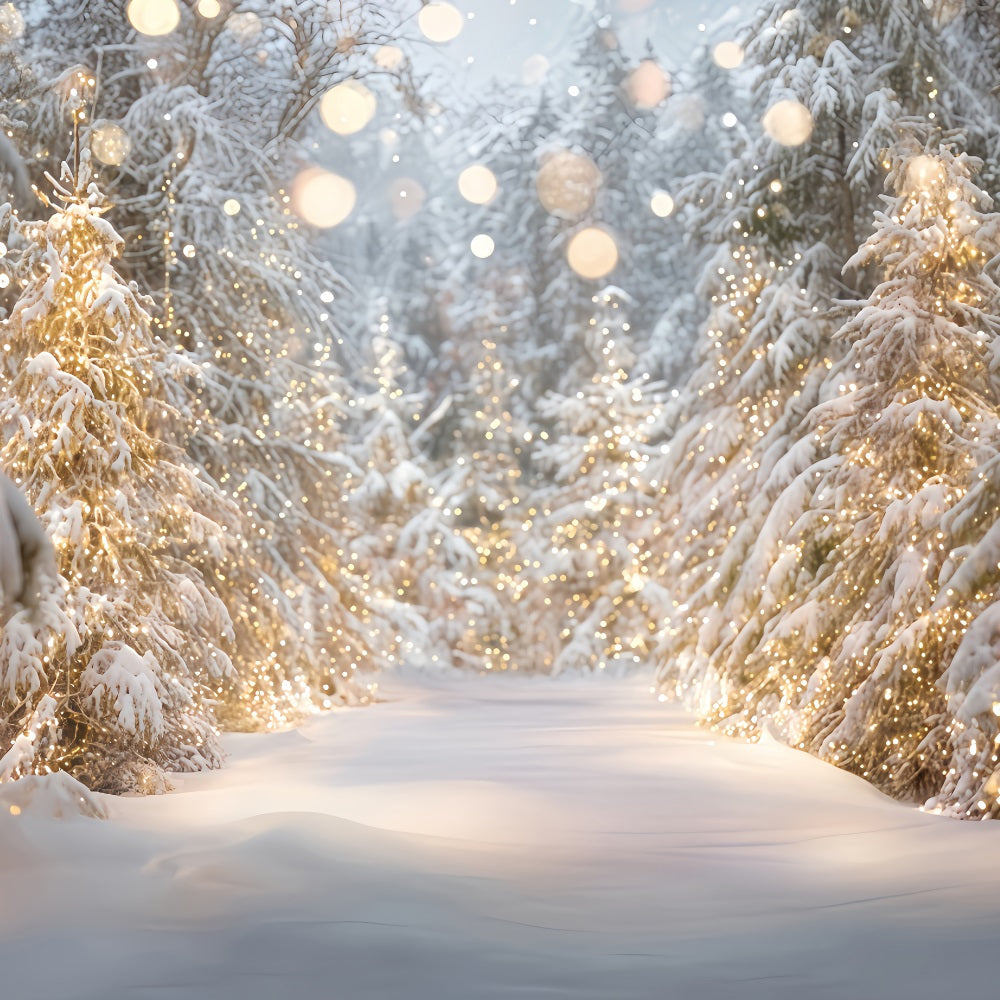Verschneiter Wald-Fotohintergrund Schneebäume Goldene Lichter Winterwald-Fotohintergrund TWW59-133