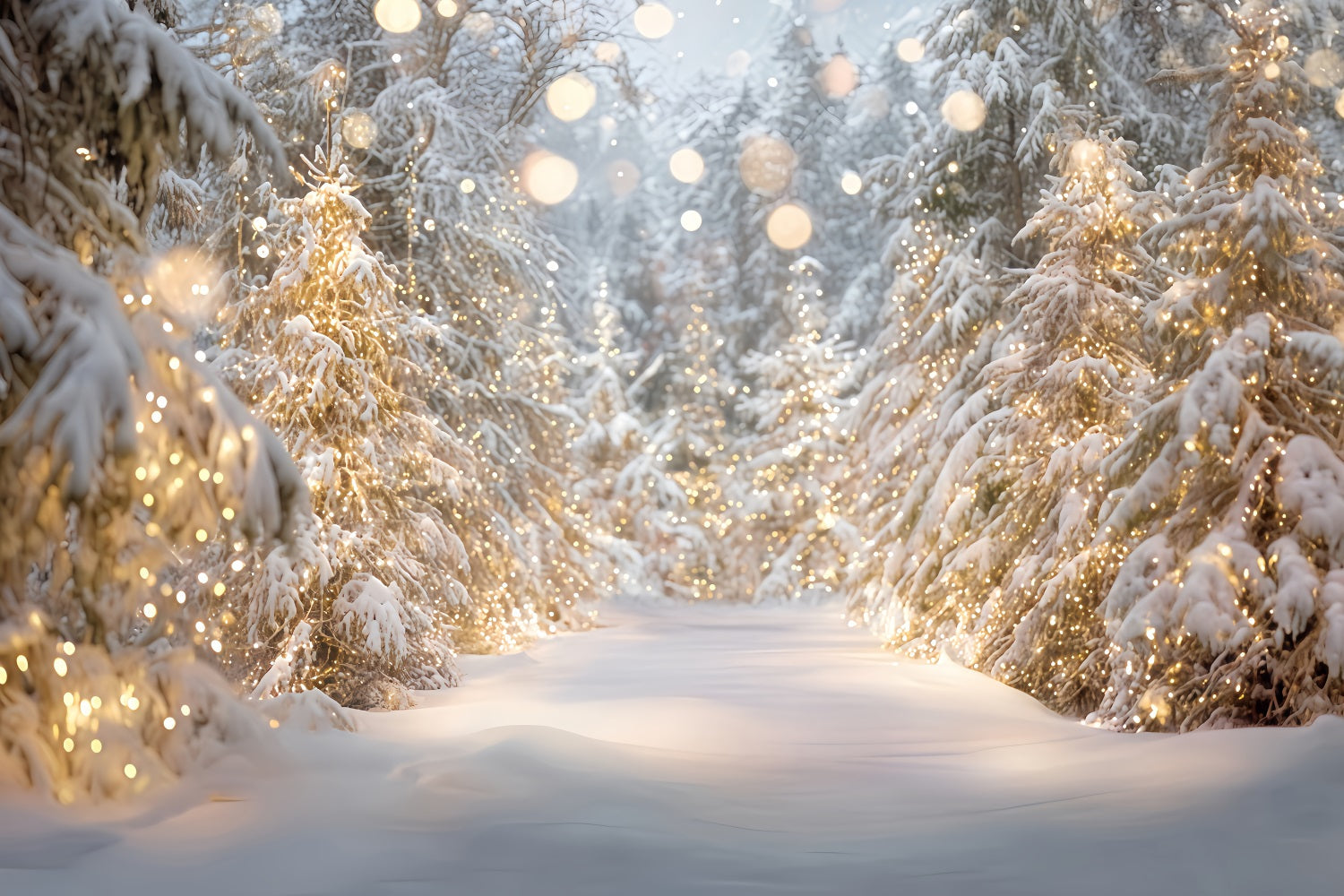 Verschneiter Wald-Fotohintergrund Schneebäume Goldene Lichter Winterwald-Fotohintergrund TWW59-133
