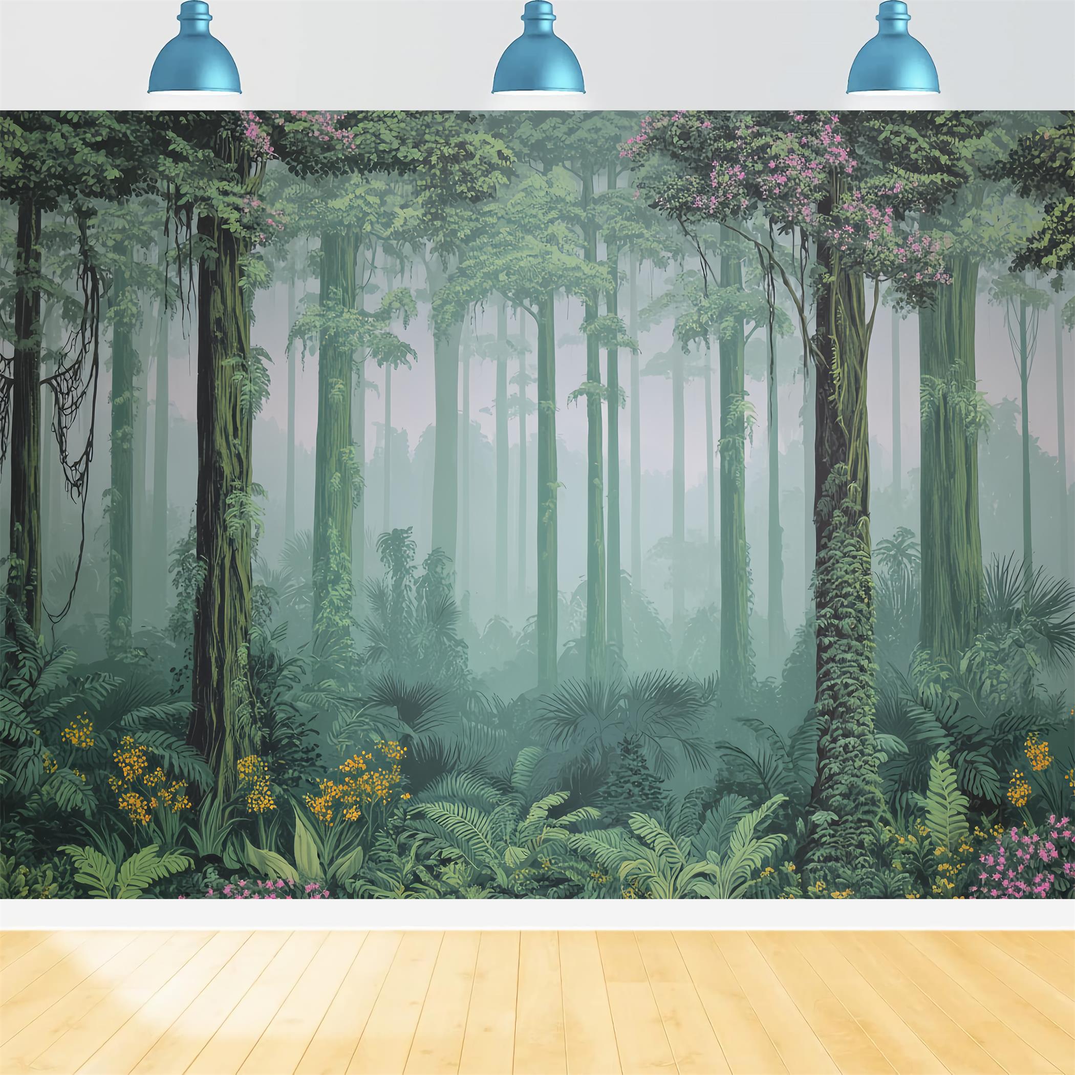 Regenwald-Fotohintergrund Nebeliger Dschungel Tropisches Grün Wald-Fotohintergrund TWW59-152