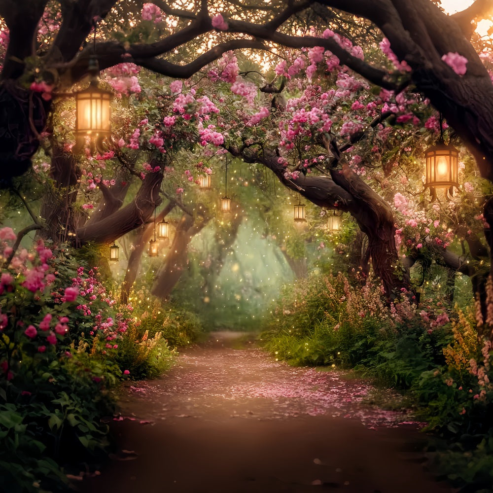 Nachtwaldhintergrund Blühender Laternenblumenweg Wald-Fotohintergrund TWW59-155